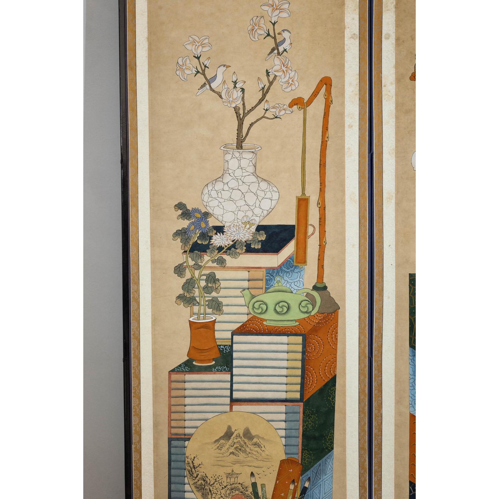 Six-Panel Folding Screen with Scholar’s Objects and Floral Motifs-12. Asian &amp; Chinese Furniture, Art, Antiques, Vintage Home Décor for sale at FEA Home