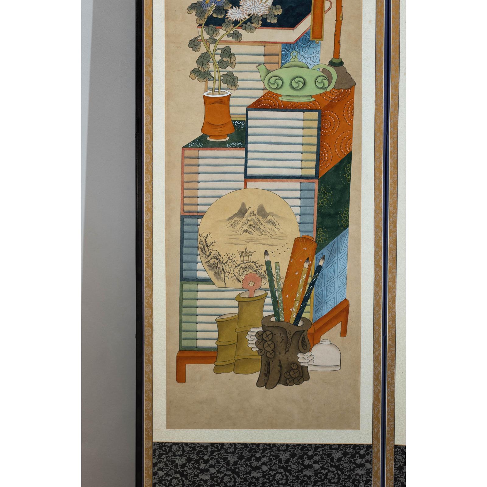 Six-Panel Folding Screen with Scholar’s Objects and Floral Motifs-13. Asian &amp; Chinese Furniture, Art, Antiques, Vintage Home Décor for sale at FEA Home