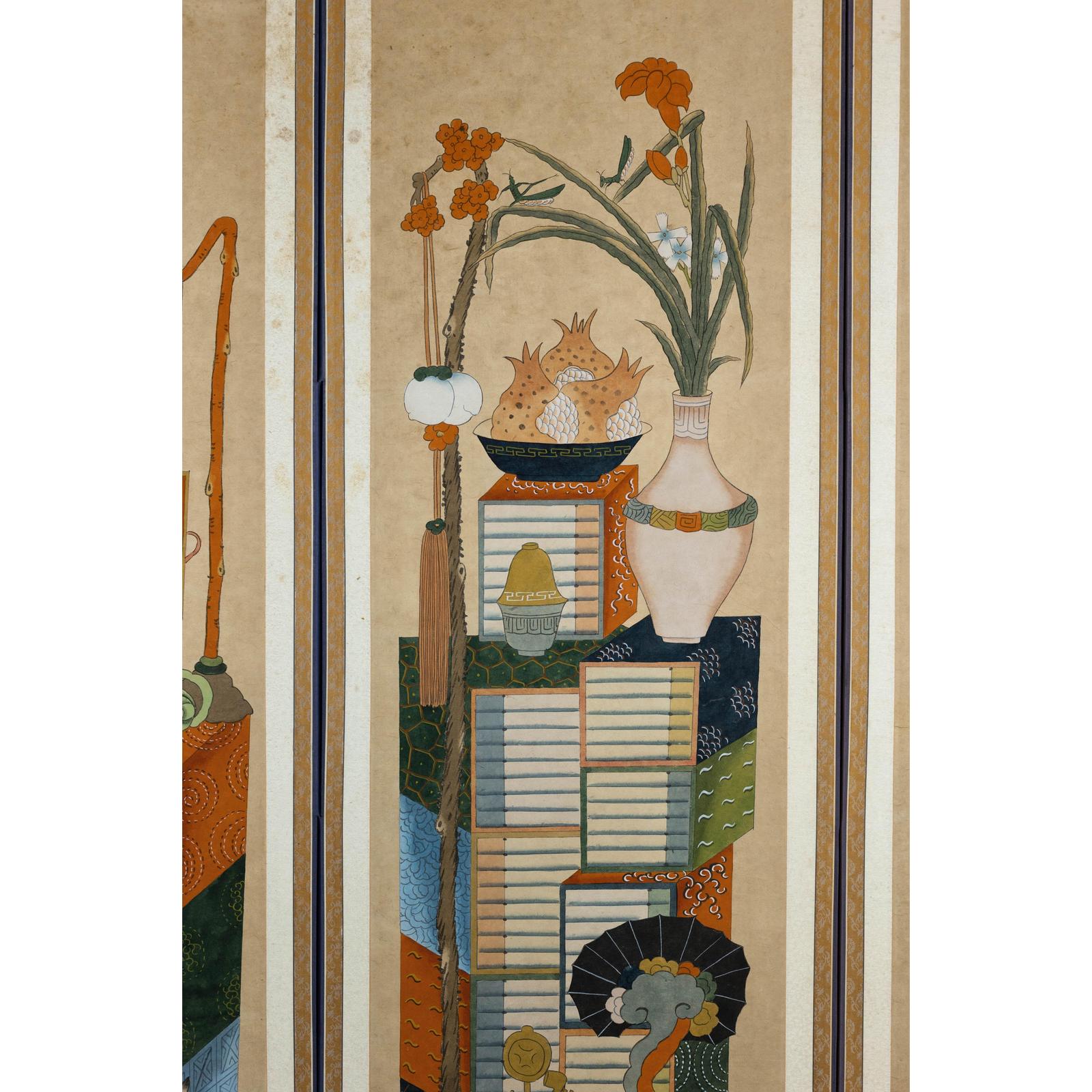 Six-Panel Folding Screen with Scholar’s Objects and Floral Motifs-14. Asian &amp; Chinese Furniture, Art, Antiques, Vintage Home Décor for sale at FEA Home