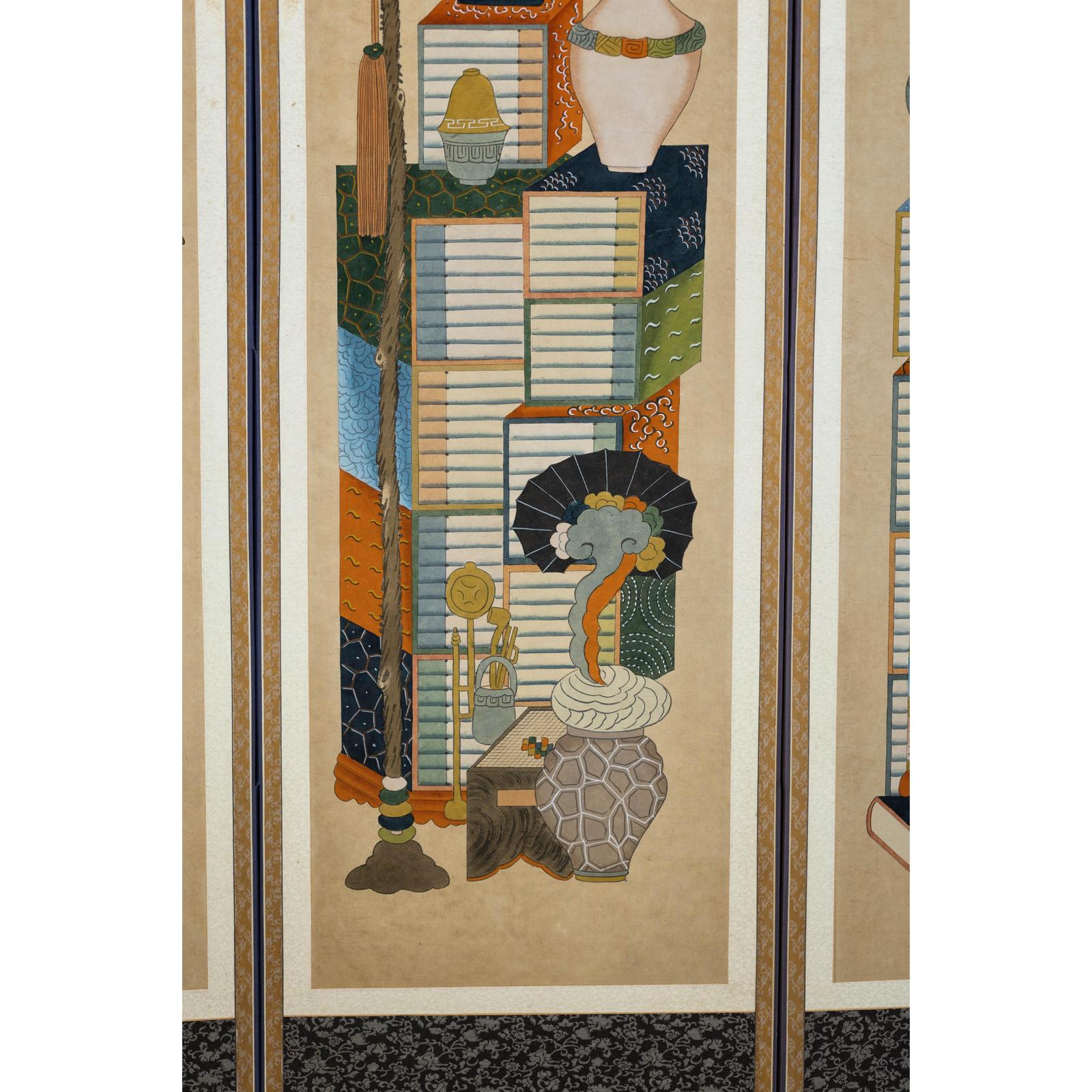 Six-Panel Folding Screen with Scholar’s Objects and Floral Motifs-15. Asian &amp; Chinese Furniture, Art, Antiques, Vintage Home Décor for sale at FEA Home
