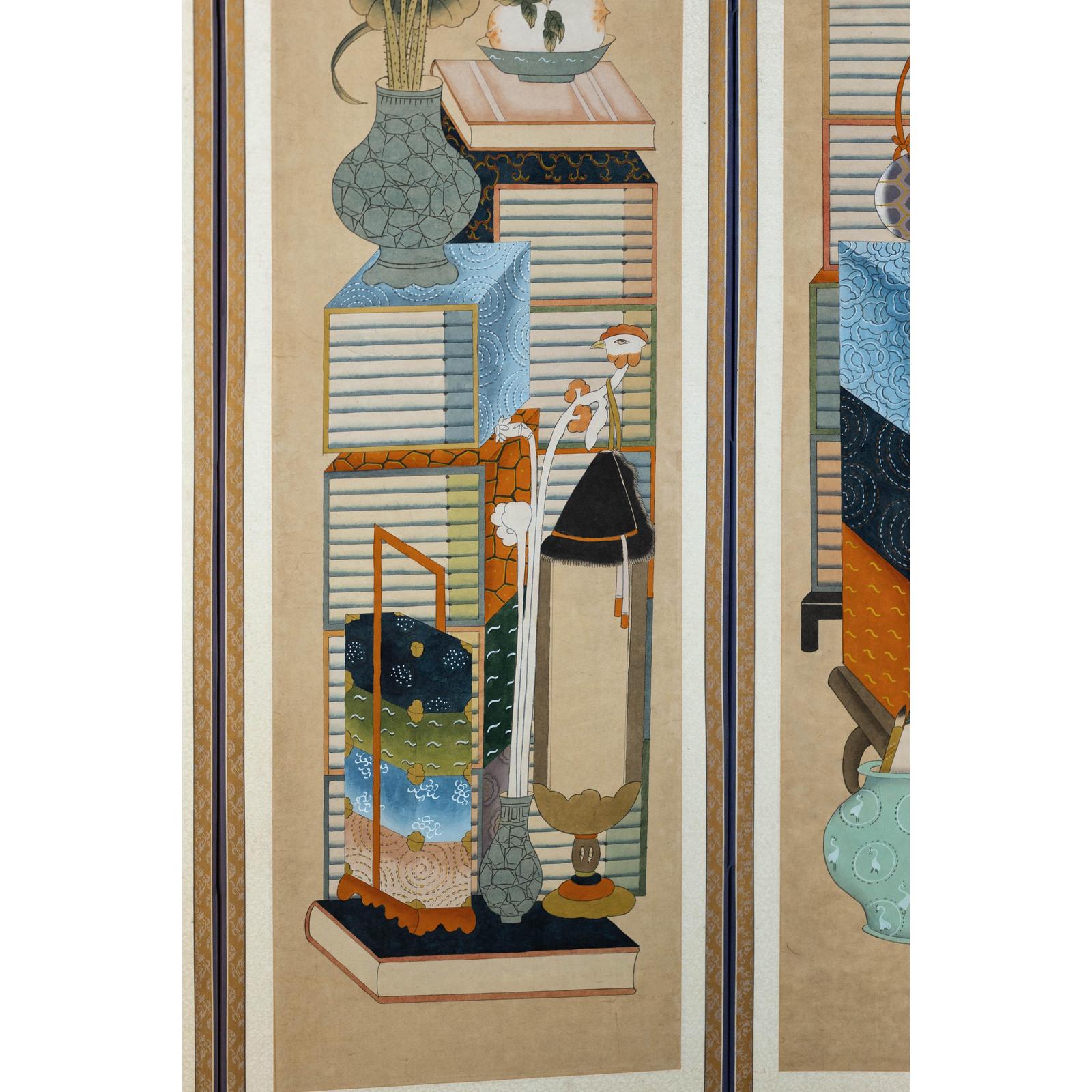 Six-Panel Folding Screen with Scholar’s Objects and Floral Motifs-16. Asian &amp; Chinese Furniture, Art, Antiques, Vintage Home Décor for sale at FEA Home