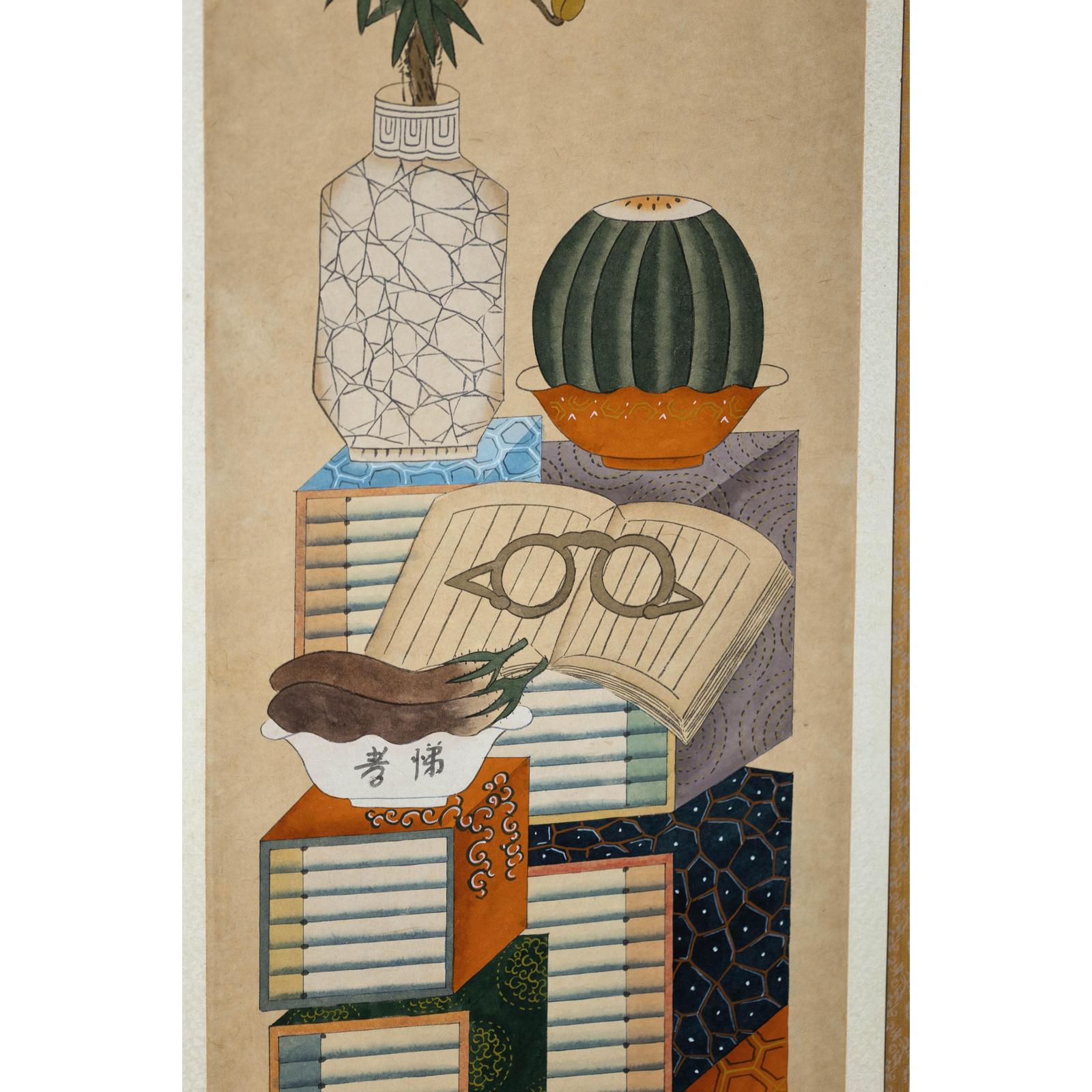 Six-Panel Folding Screen with Scholar’s Objects and Floral Motifs-18. Asian &amp; Chinese Furniture, Art, Antiques, Vintage Home Décor for sale at FEA Home