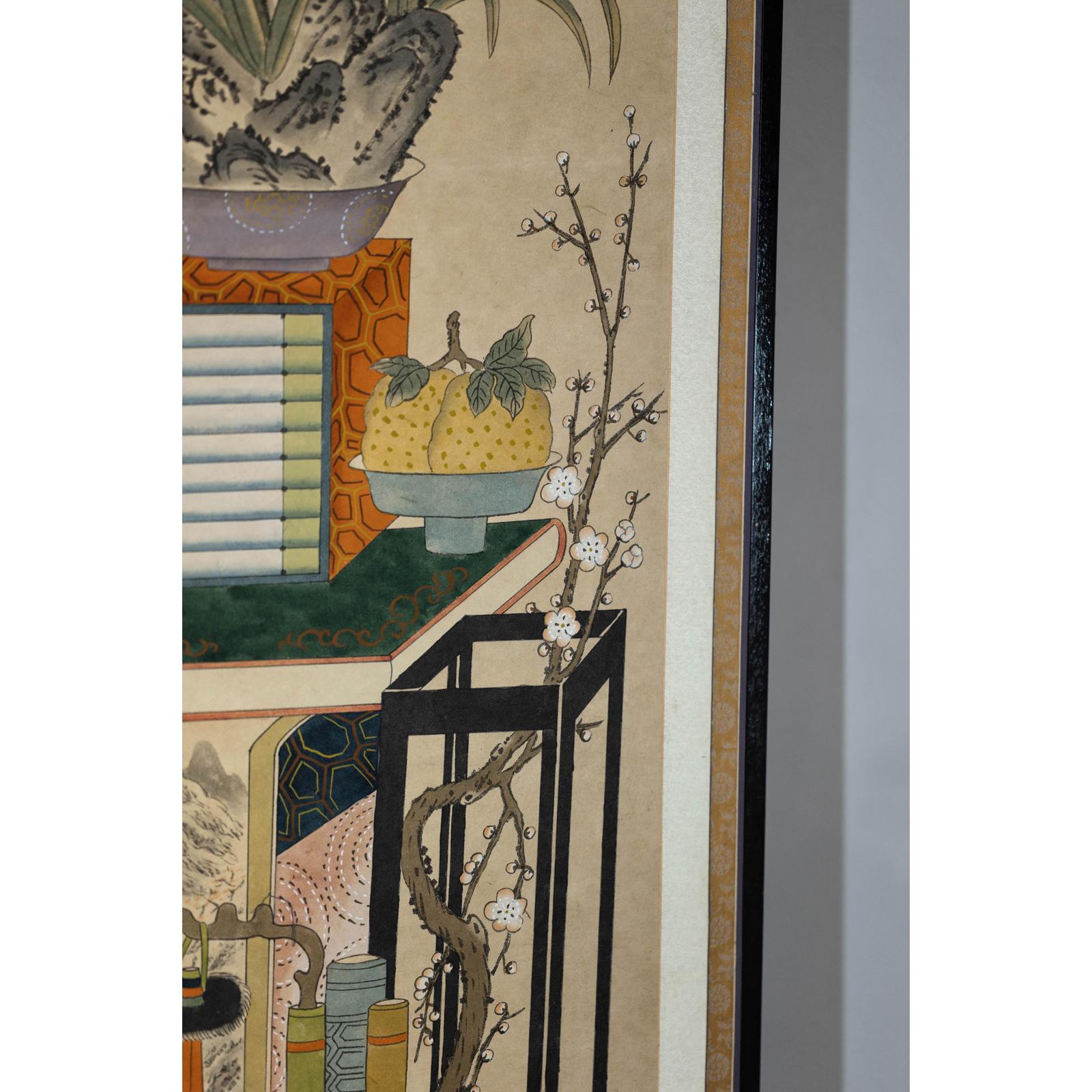 Six-Panel Folding Screen with Scholar’s Objects and Floral Motifs-19. Asian &amp; Chinese Furniture, Art, Antiques, Vintage Home Décor for sale at FEA Home