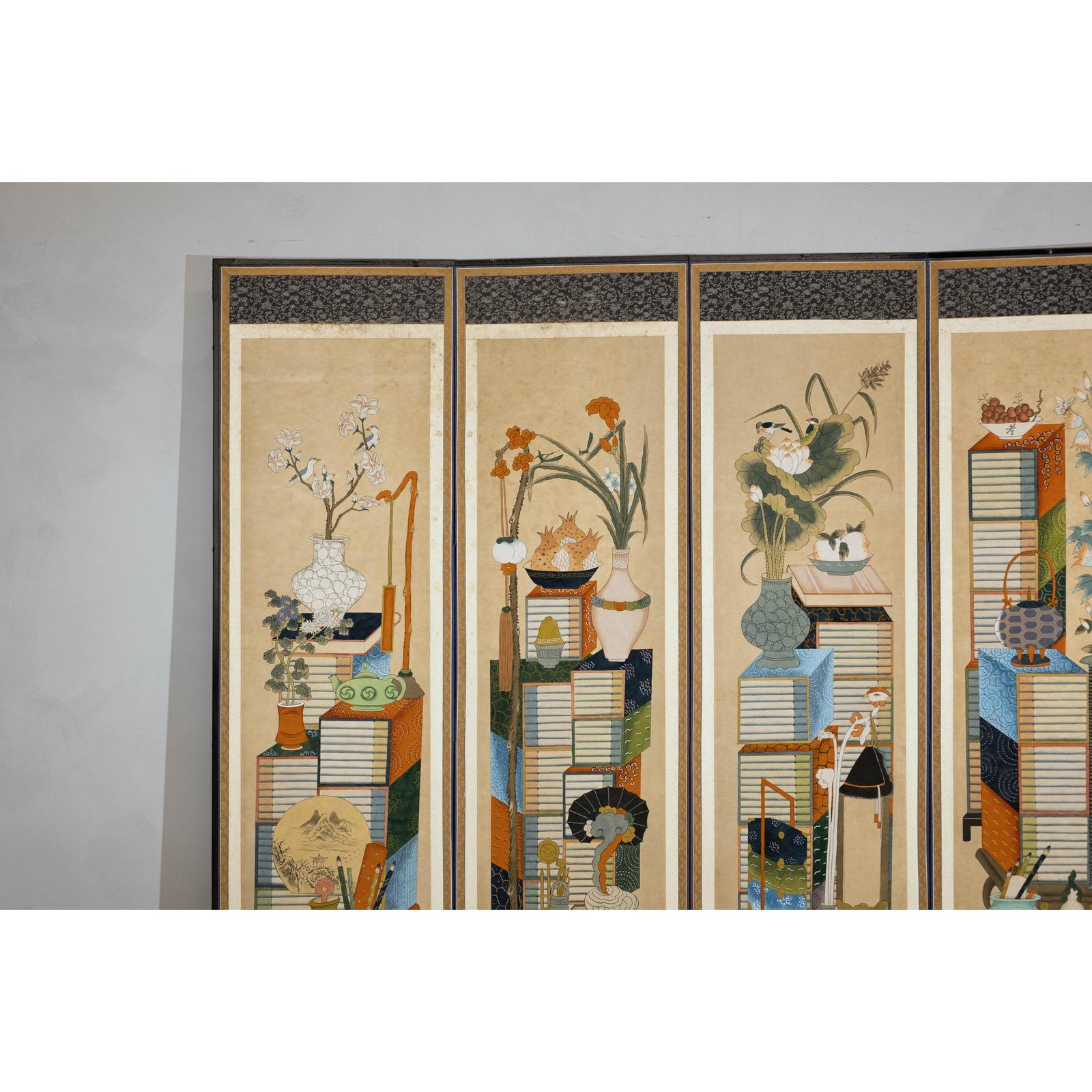 Six-Panel Folding Screen with Scholar’s Objects and Floral Motifs-3. Asian &amp; Chinese Furniture, Art, Antiques, Vintage Home Décor for sale at FEA Home