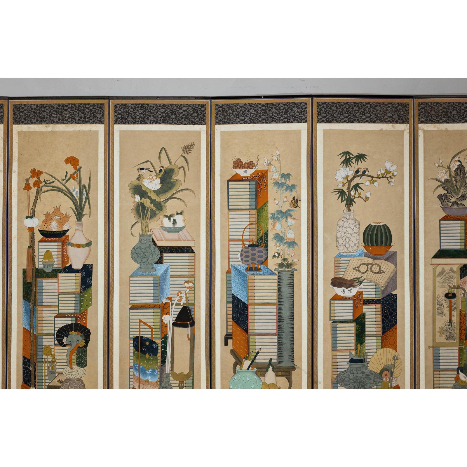Six-Panel Folding Screen with Scholar’s Objects and Floral Motifs-4. Asian &amp; Chinese Furniture, Art, Antiques, Vintage Home Décor for sale at FEA Home