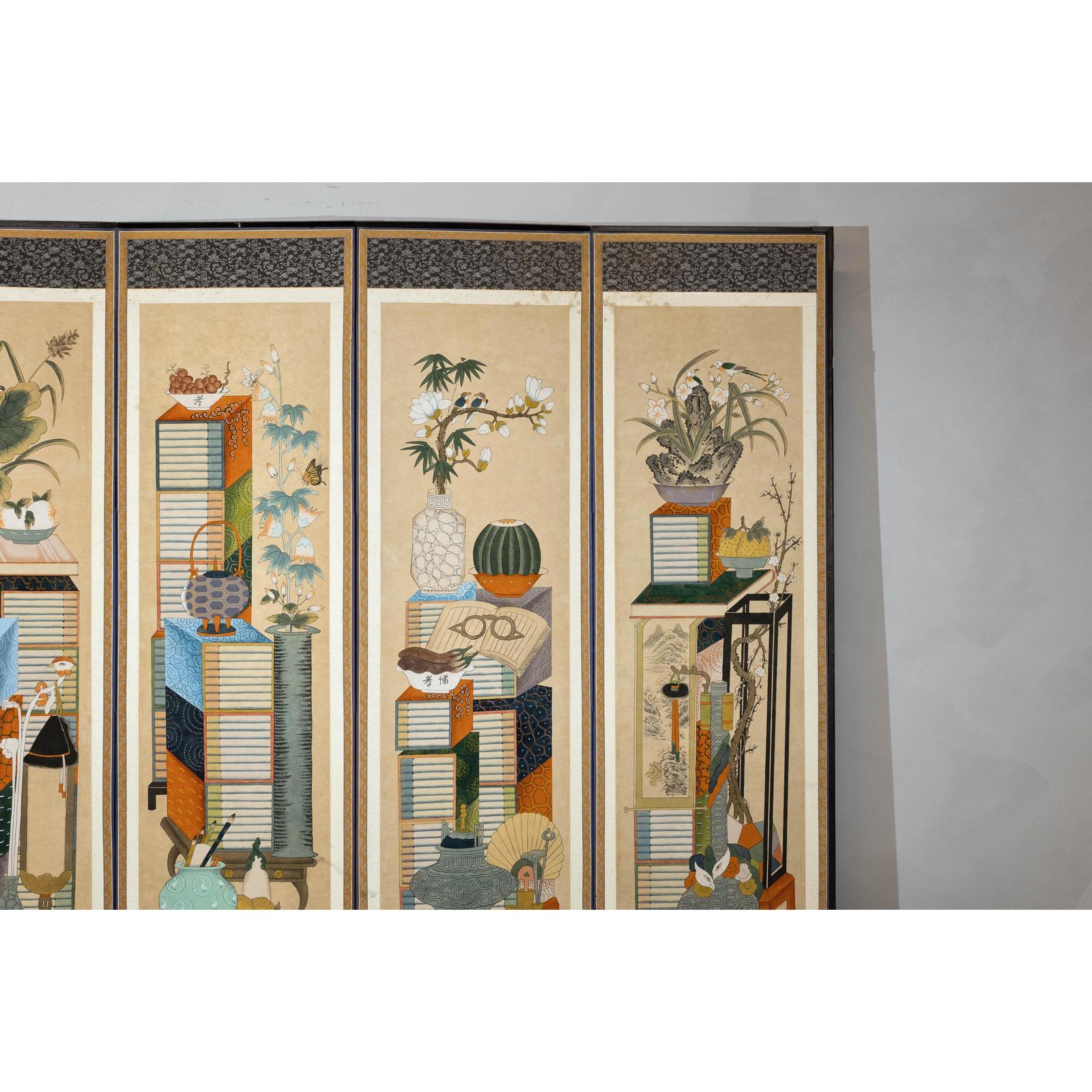 Six-Panel Folding Screen with Scholar’s Objects and Floral Motifs-5. Asian &amp; Chinese Furniture, Art, Antiques, Vintage Home Décor for sale at FEA Home