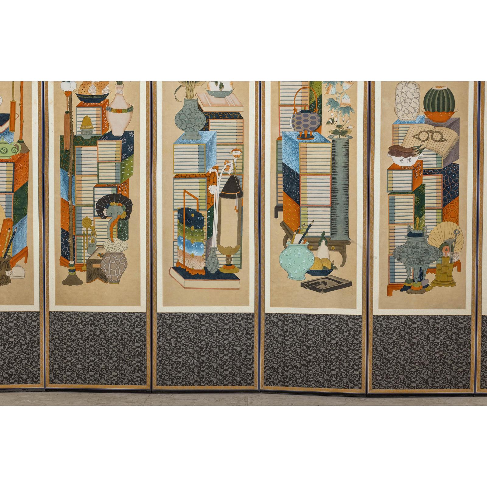 Six-Panel Folding Screen with Scholar’s Objects and Floral Motifs-6. Asian &amp; Chinese Furniture, Art, Antiques, Vintage Home Décor for sale at FEA Home