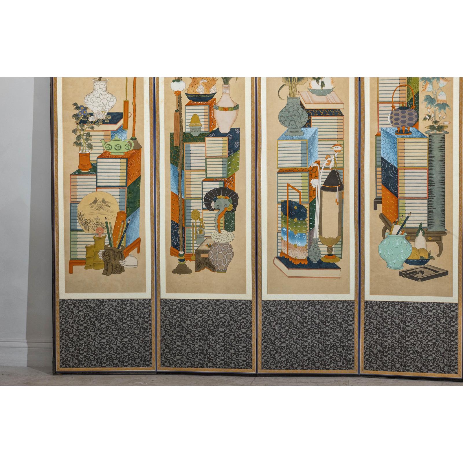 Six-Panel Folding Screen with Scholar’s Objects and Floral Motifs-7. Asian &amp; Chinese Furniture, Art, Antiques, Vintage Home Décor for sale at FEA Home