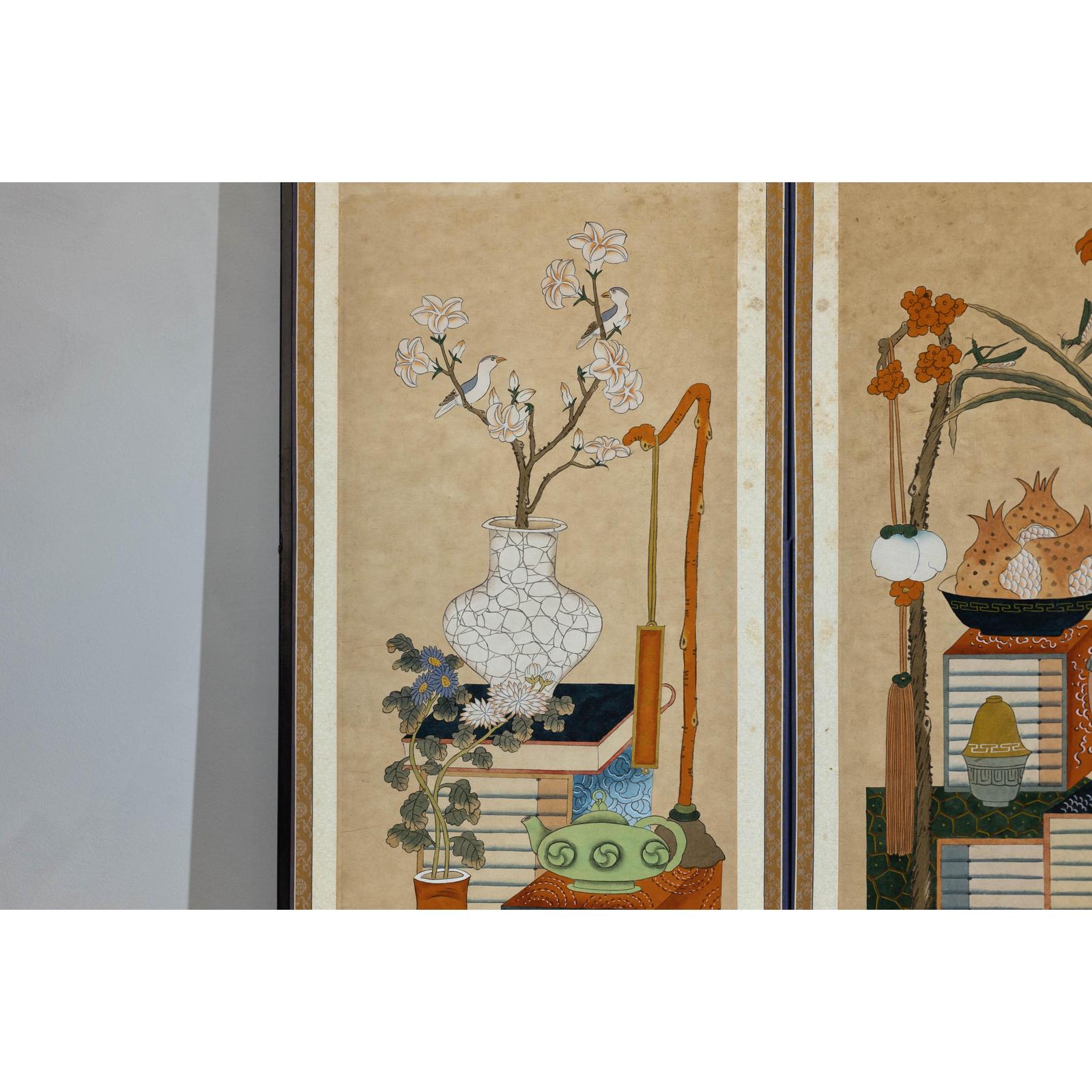 Six-Panel Folding Screen with Scholar’s Objects and Floral Motifs-8. Asian &amp; Chinese Furniture, Art, Antiques, Vintage Home Décor for sale at FEA Home