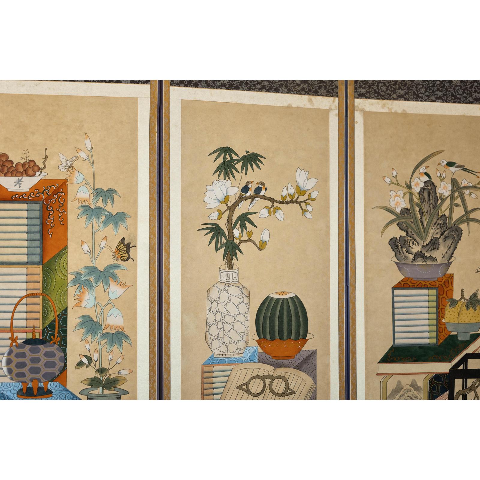 Six-Panel Folding Screen with Scholar’s Objects and Floral Motifs-9. Asian &amp; Chinese Furniture, Art, Antiques, Vintage Home Décor for sale at FEA Home