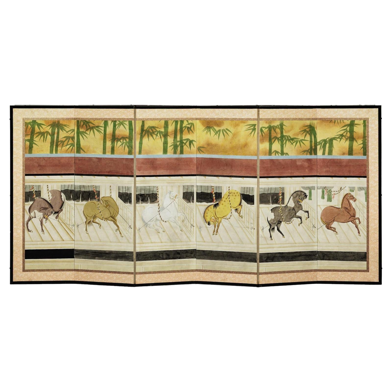 Six-Panel Inspired Screen with Horses in Stable with Bamboo Backdrop-1. Asian & Chinese Furniture, Art, Antiques, Vintage Home Décor for sale at FEA Home