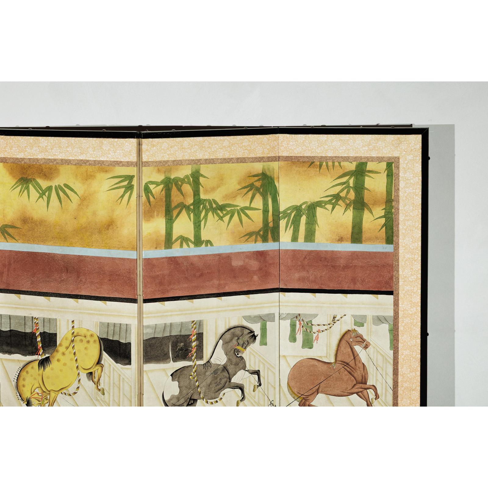 Six-Panel Inspired Screen with Horses in Stable with Bamboo Backdrop-10. Asian &amp; Chinese Furniture, Art, Antiques, Vintage Home Décor for sale at FEA Home