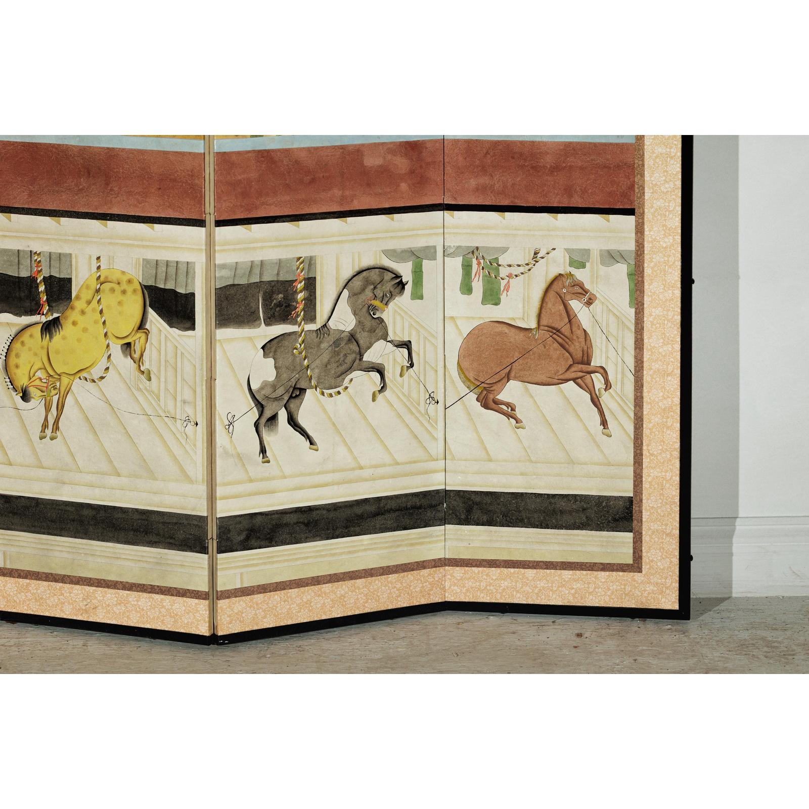 Six-Panel Inspired Screen with Horses in Stable with Bamboo Backdrop-11. Asian &amp; Chinese Furniture, Art, Antiques, Vintage Home Décor for sale at FEA Home