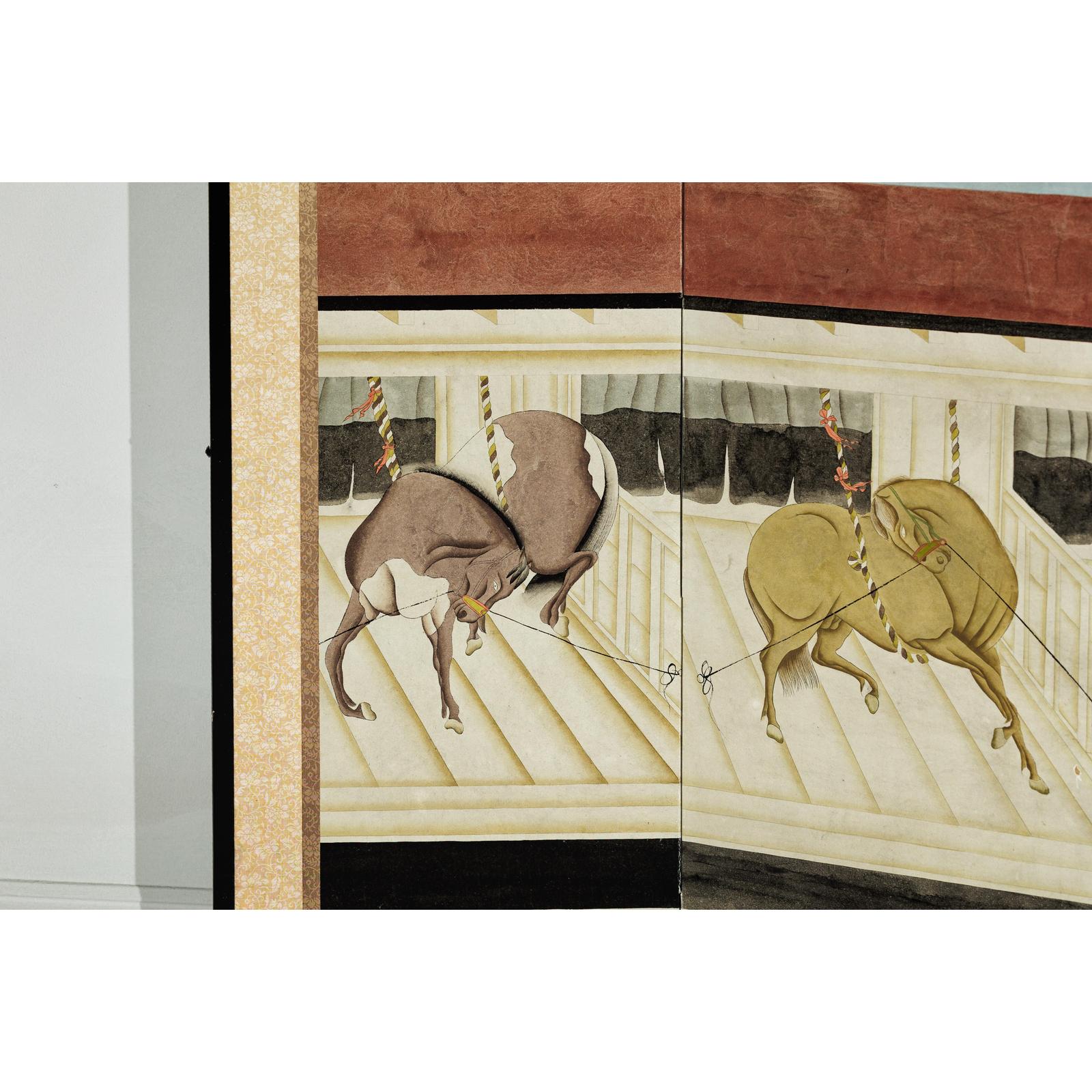Six-Panel Inspired Screen with Horses in Stable with Bamboo Backdrop-12. Asian &amp; Chinese Furniture, Art, Antiques, Vintage Home Décor for sale at FEA Home