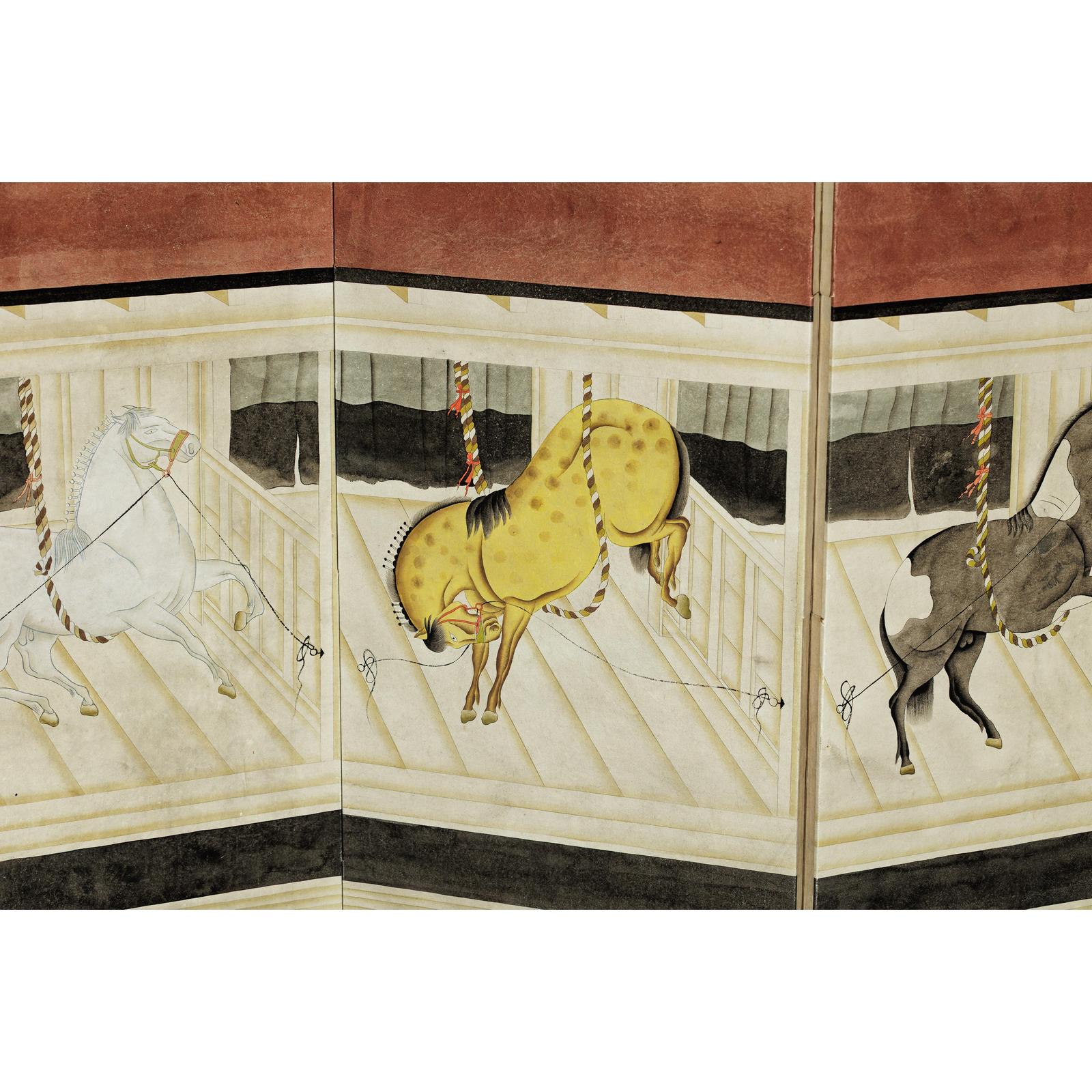 Six-Panel Inspired Screen with Horses in Stable with Bamboo Backdrop-14. Asian &amp; Chinese Furniture, Art, Antiques, Vintage Home Décor for sale at FEA Home