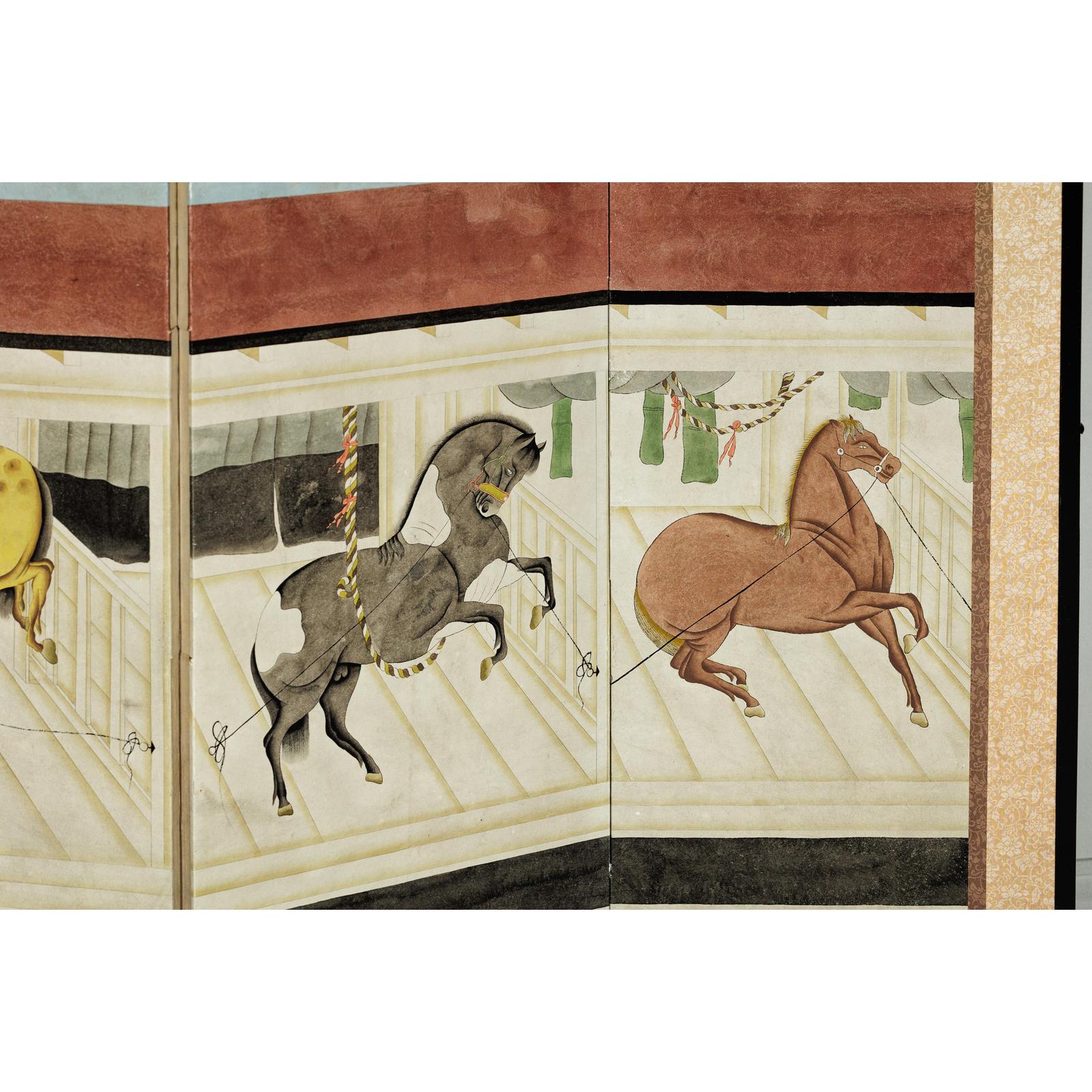 Six-Panel Inspired Screen with Horses in Stable with Bamboo Backdrop-15. Asian &amp; Chinese Furniture, Art, Antiques, Vintage Home Décor for sale at FEA Home