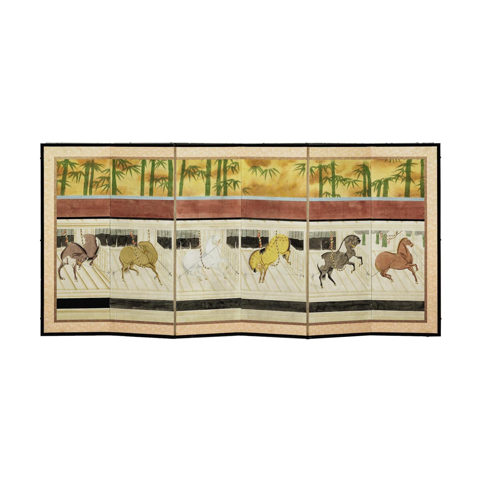 Six-Panel Inspired Screen with Horses in Stable with Bamboo Backdrop-17. Asian &amp; Chinese Furniture, Art, Antiques, Vintage Home Décor for sale at FEA Home