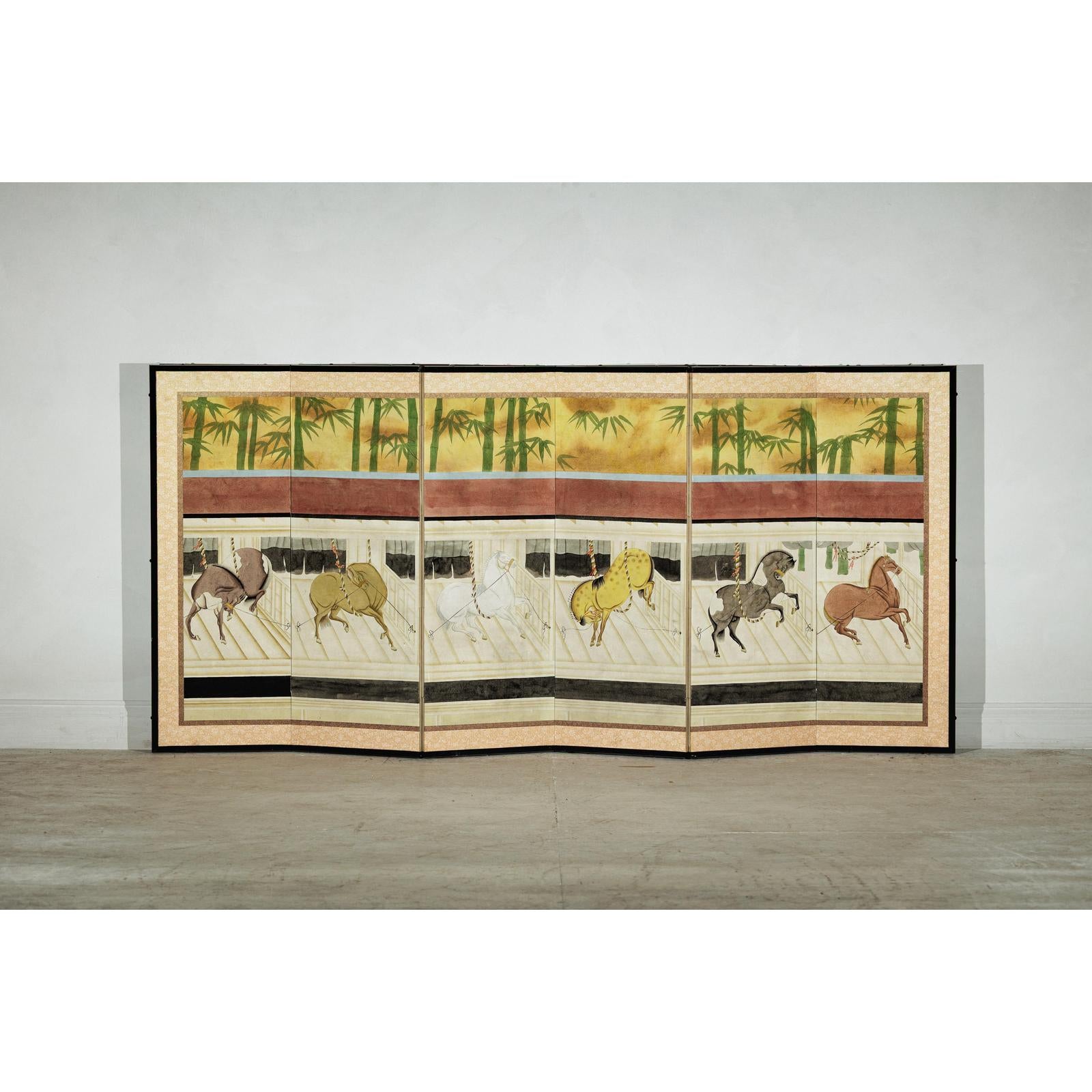 Six-Panel Inspired Screen with Horses in Stable with Bamboo Backdrop-2. Asian & Chinese Furniture, Art, Antiques, Vintage Home Décor for sale at FEA Home