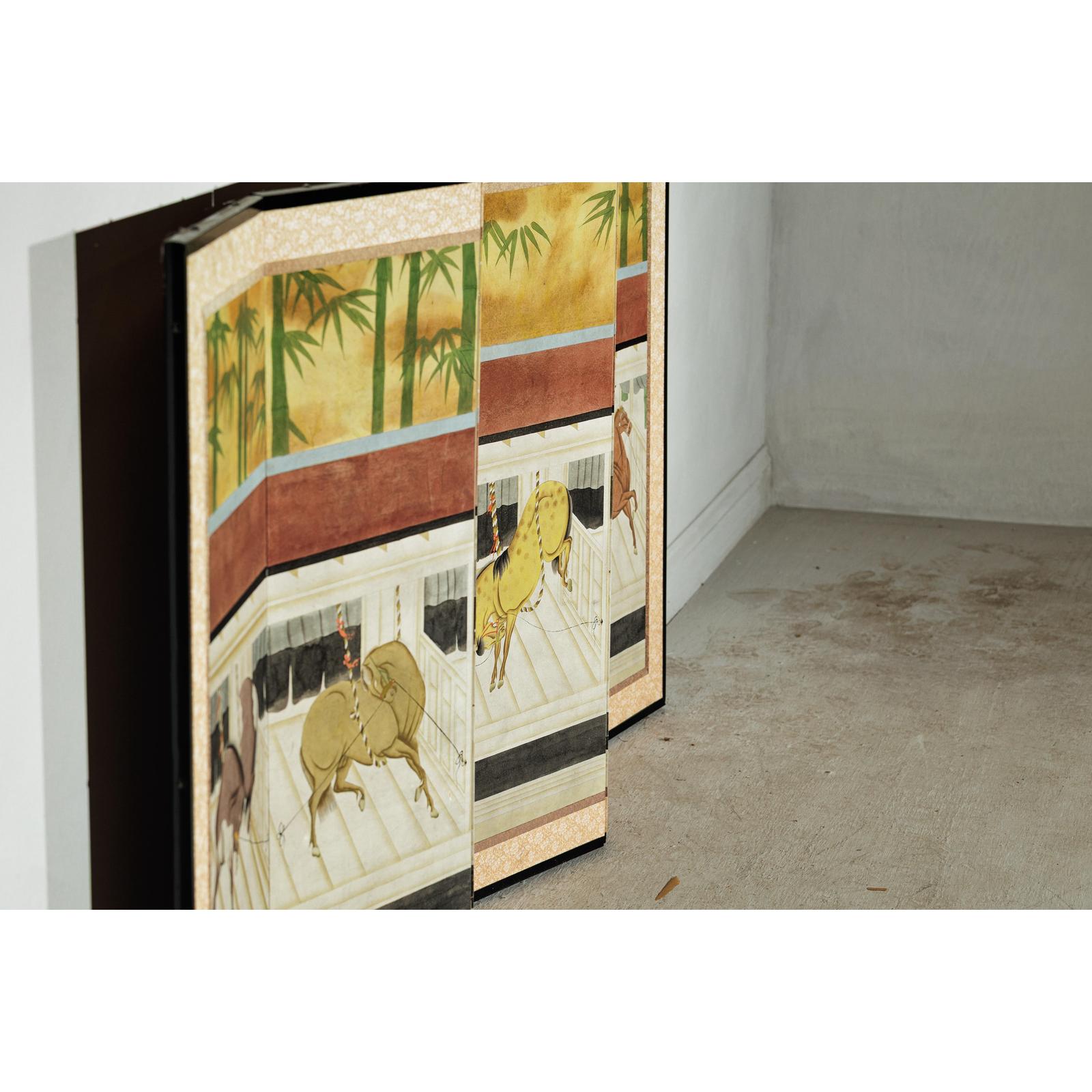 Six-Panel Inspired Screen with Horses in Stable with Bamboo Backdrop-20. Asian &amp; Chinese Furniture, Art, Antiques, Vintage Home Décor for sale at FEA Home