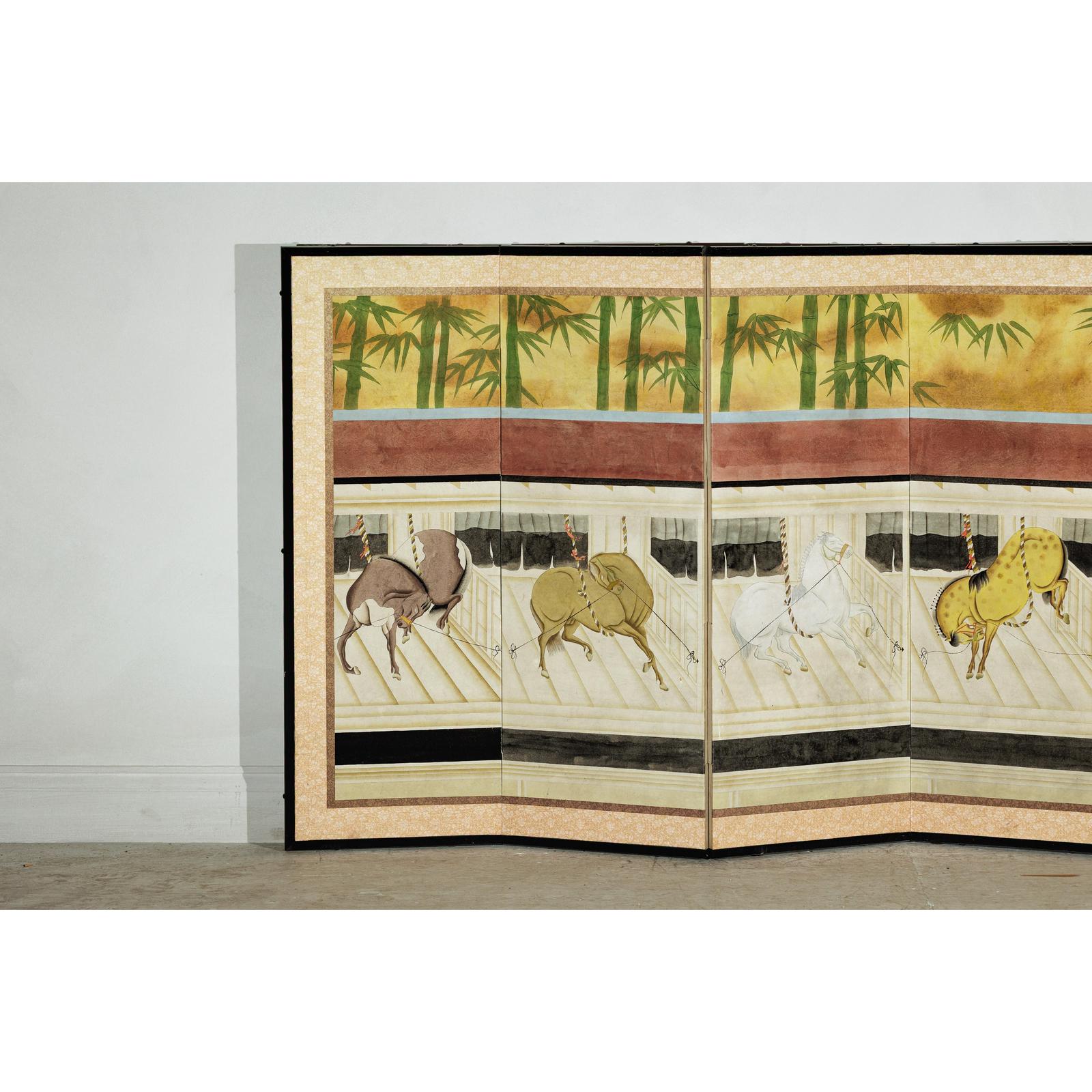 Six-Panel Inspired Screen with Horses in Stable with Bamboo Backdrop-3. Asian &amp; Chinese Furniture, Art, Antiques, Vintage Home Décor for sale at FEA Home