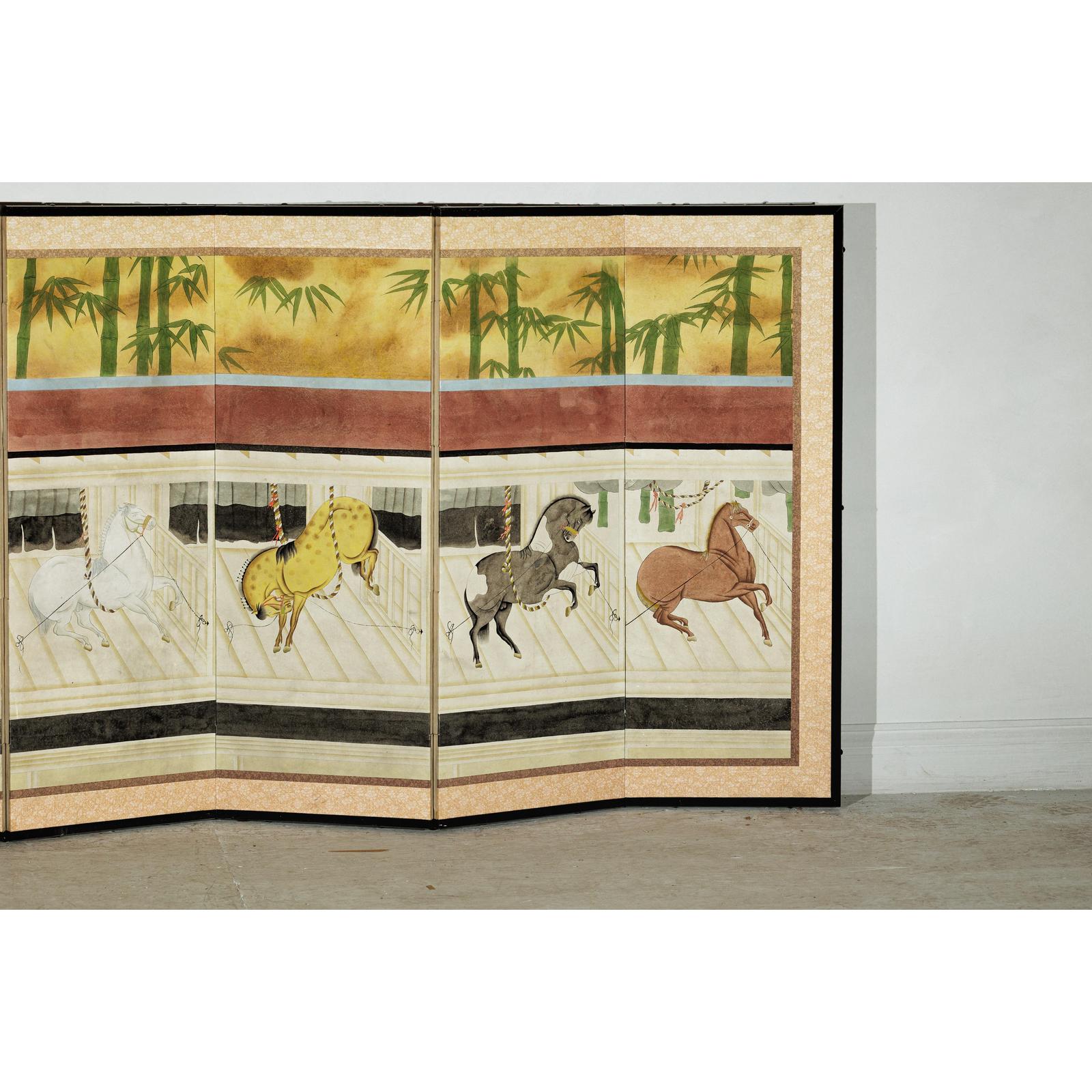 Six-Panel Inspired Screen with Horses in Stable with Bamboo Backdrop-4. Asian &amp; Chinese Furniture, Art, Antiques, Vintage Home Décor for sale at FEA Home