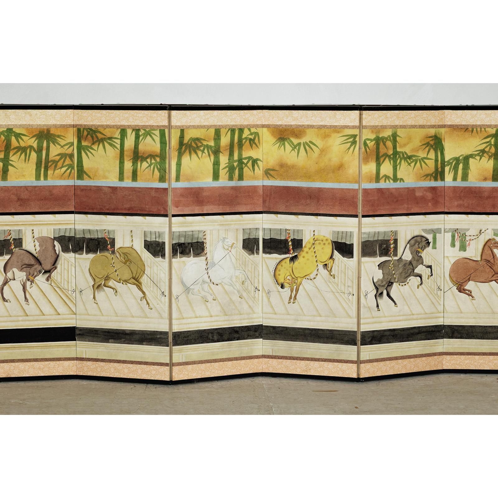 Six-Panel Inspired Screen with Horses in Stable with Bamboo Backdrop-5. Asian &amp; Chinese Furniture, Art, Antiques, Vintage Home Décor for sale at FEA Home