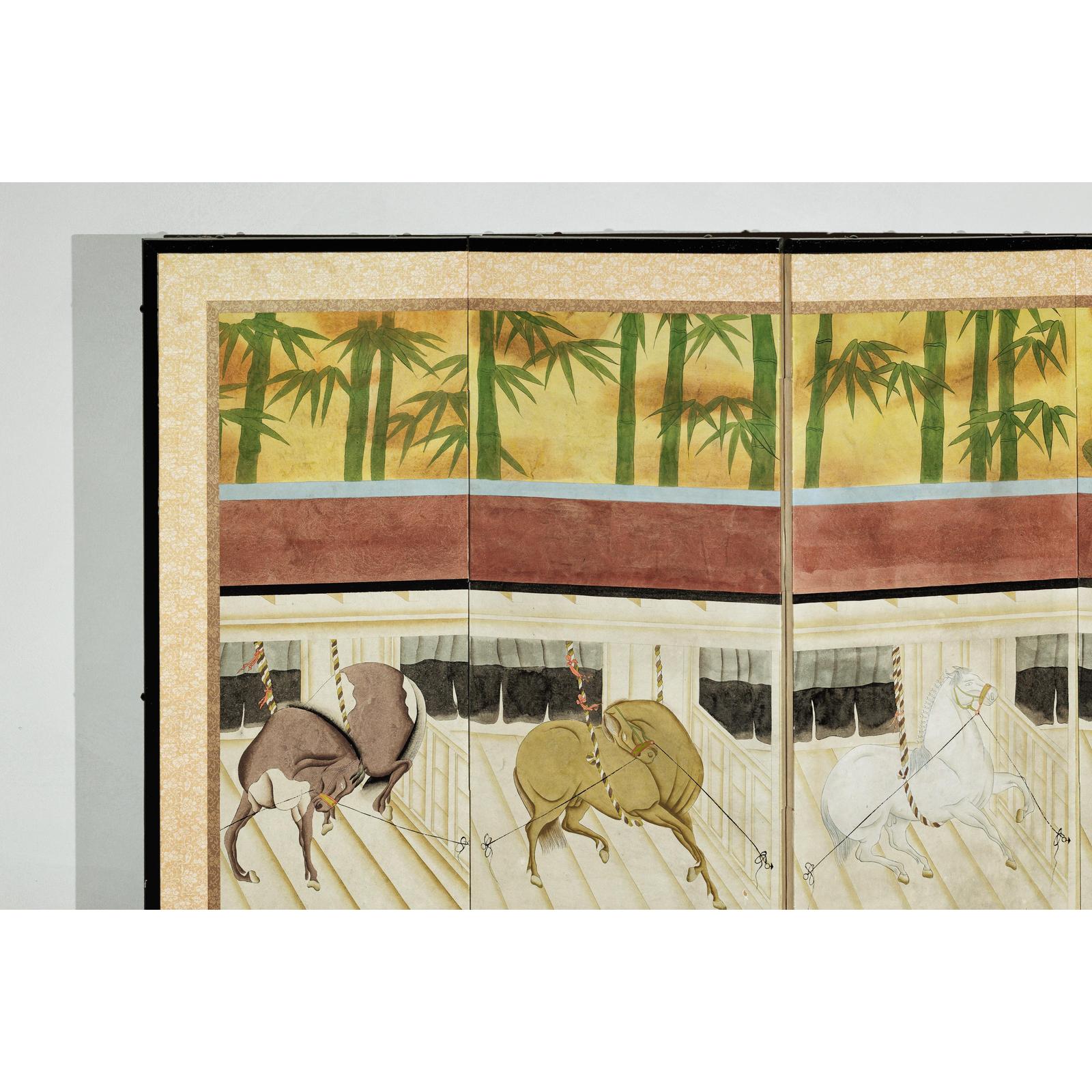 Six-Panel Inspired Screen with Horses in Stable with Bamboo Backdrop-6. Asian &amp; Chinese Furniture, Art, Antiques, Vintage Home Décor for sale at FEA Home