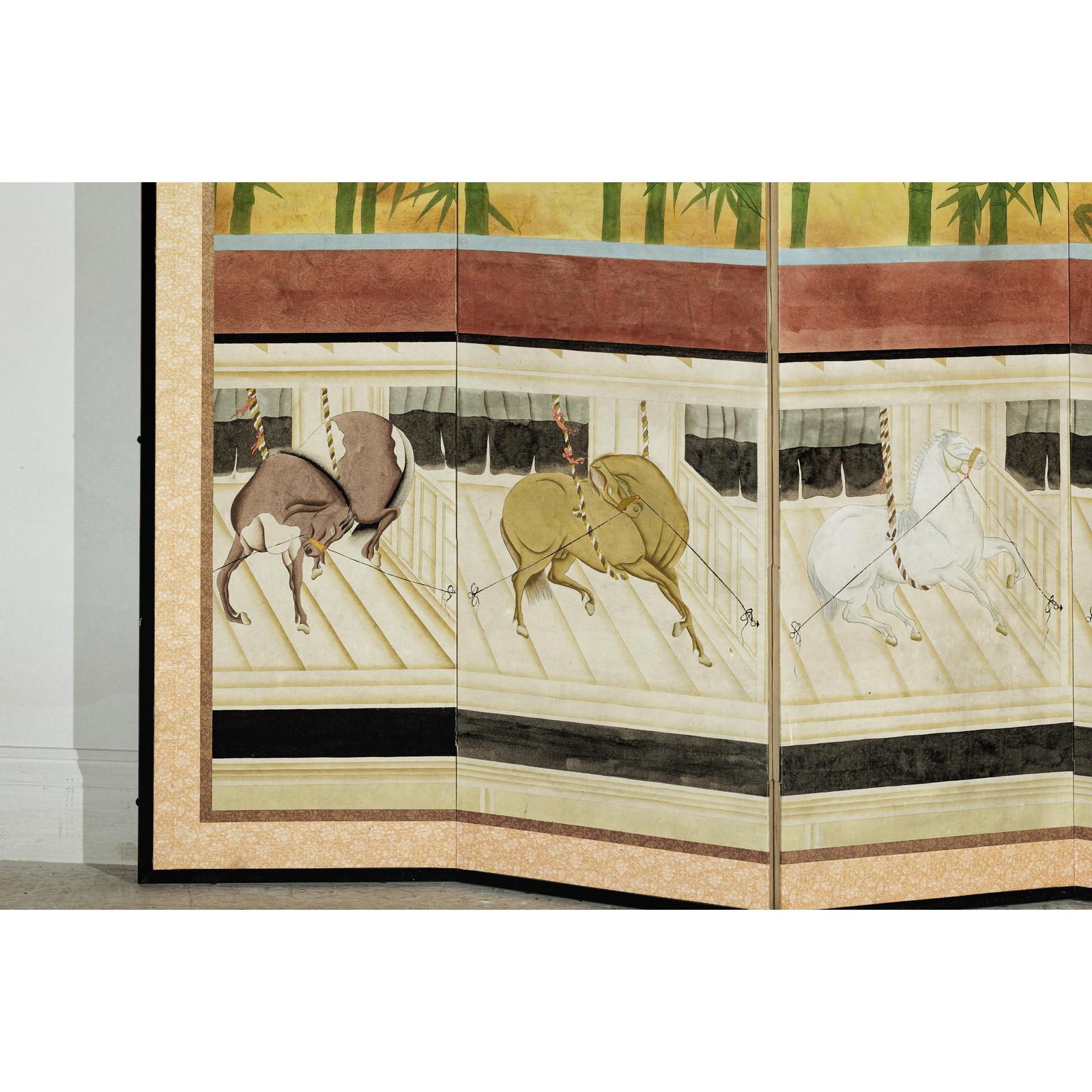 Six-Panel Inspired Screen with Horses in Stable with Bamboo Backdrop-7. Asian &amp; Chinese Furniture, Art, Antiques, Vintage Home Décor for sale at FEA Home