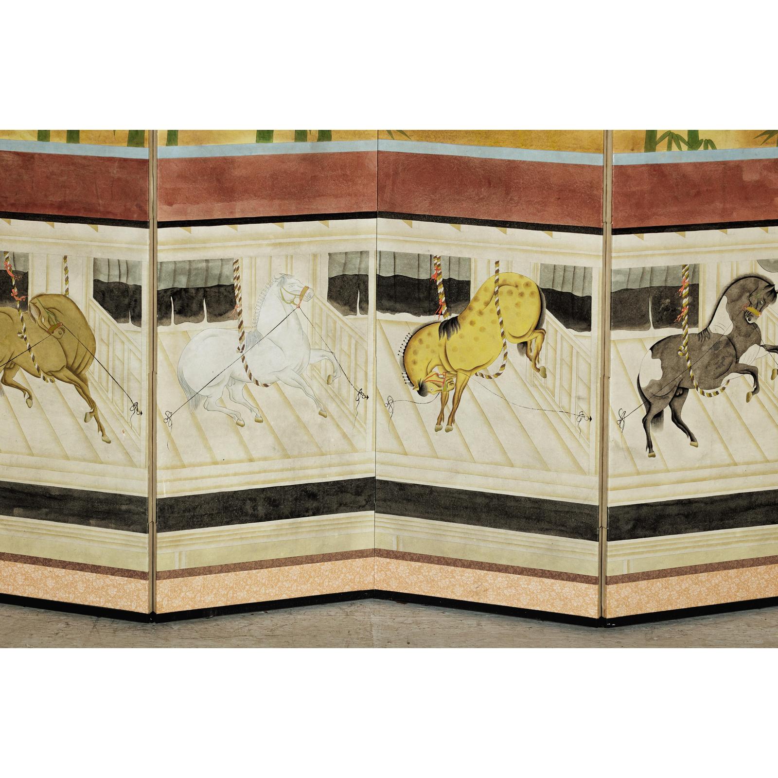 Six-Panel Inspired Screen with Horses in Stable with Bamboo Backdrop-8. Asian &amp; Chinese Furniture, Art, Antiques, Vintage Home Décor for sale at FEA Home