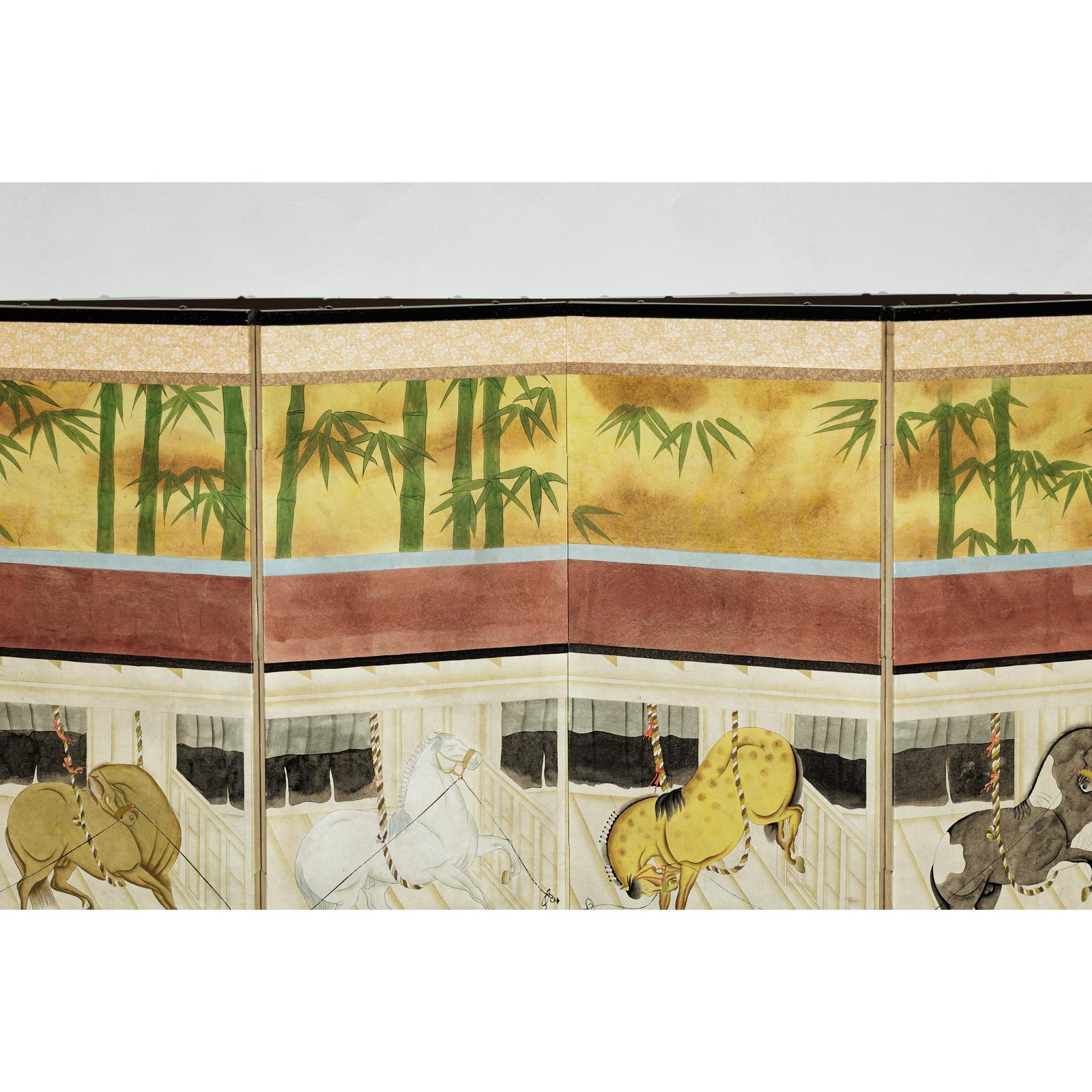 Six-Panel Inspired Screen with Horses in Stable with Bamboo Backdrop-9. Asian &amp; Chinese Furniture, Art, Antiques, Vintage Home Décor for sale at FEA Home