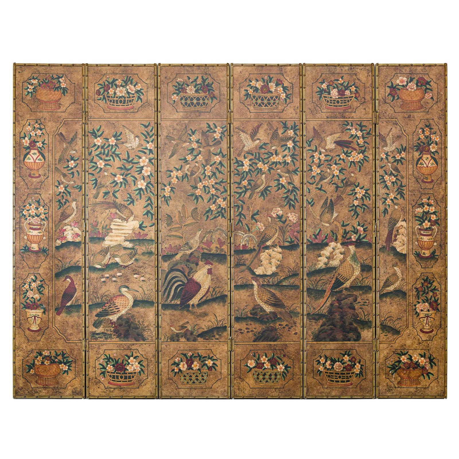 Six-Panel Leather Screen with Birds, Flowers, and Roosters - Vintage-1. Asian & Chinese Furniture, Art, Antiques, Vintage Home Décor for sale at FEA Home