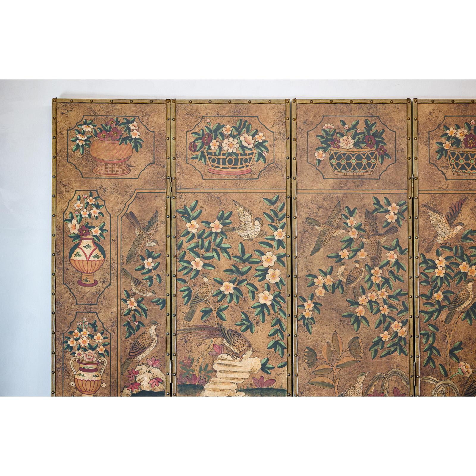 Six-Panel Leather Screen with Birds, Flowers, and Roosters - Vintage-10. Asian &amp; Chinese Furniture, Art, Antiques, Vintage Home Décor for sale at FEA Home