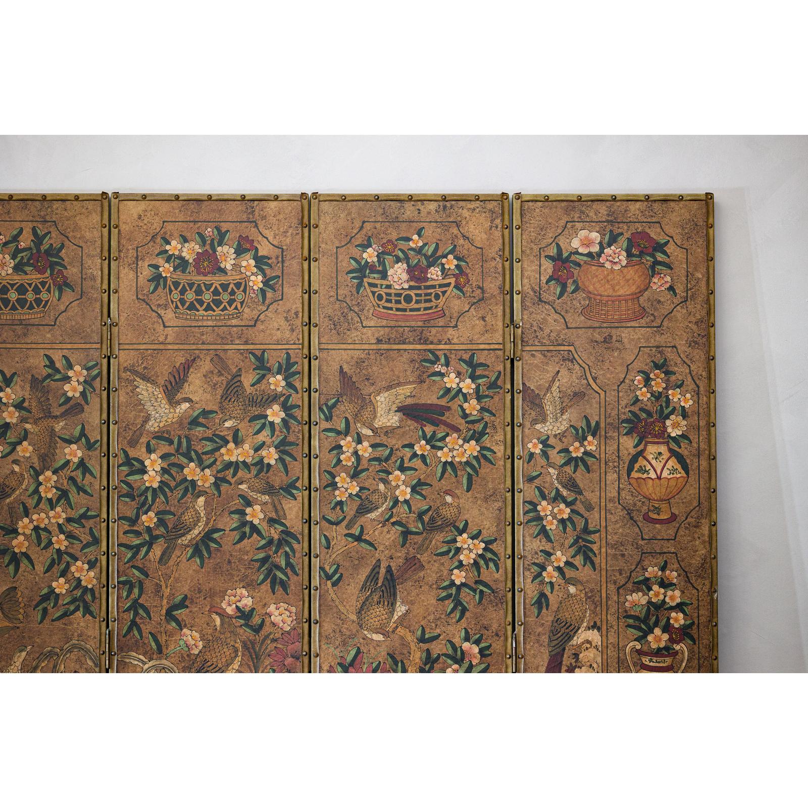 Six-Panel Leather Screen with Birds, Flowers, and Roosters - Vintage-11. Asian &amp; Chinese Furniture, Art, Antiques, Vintage Home Décor for sale at FEA Home