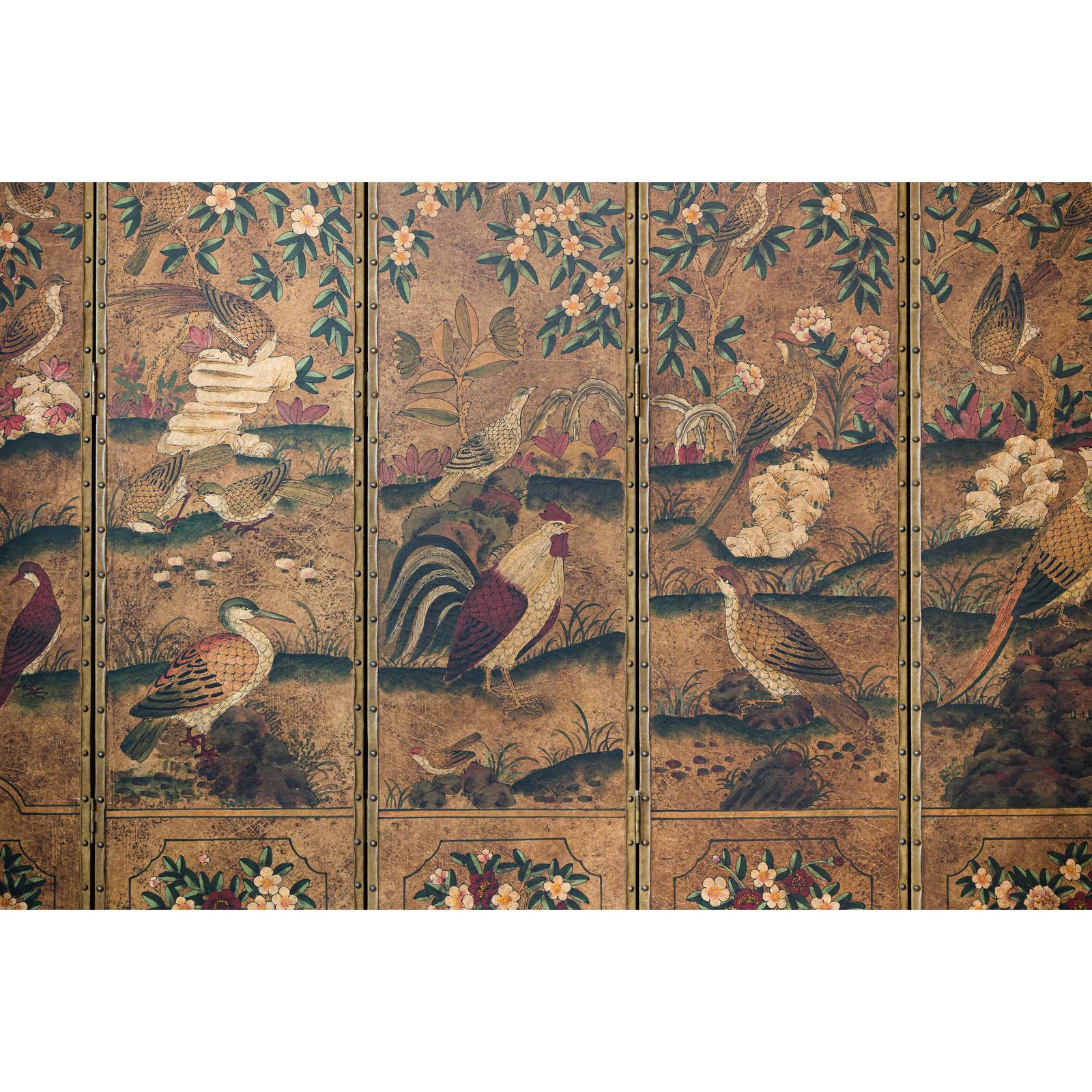 Six-Panel Leather Screen with Birds, Flowers, and Roosters - Vintage-12. Asian &amp; Chinese Furniture, Art, Antiques, Vintage Home Décor for sale at FEA Home