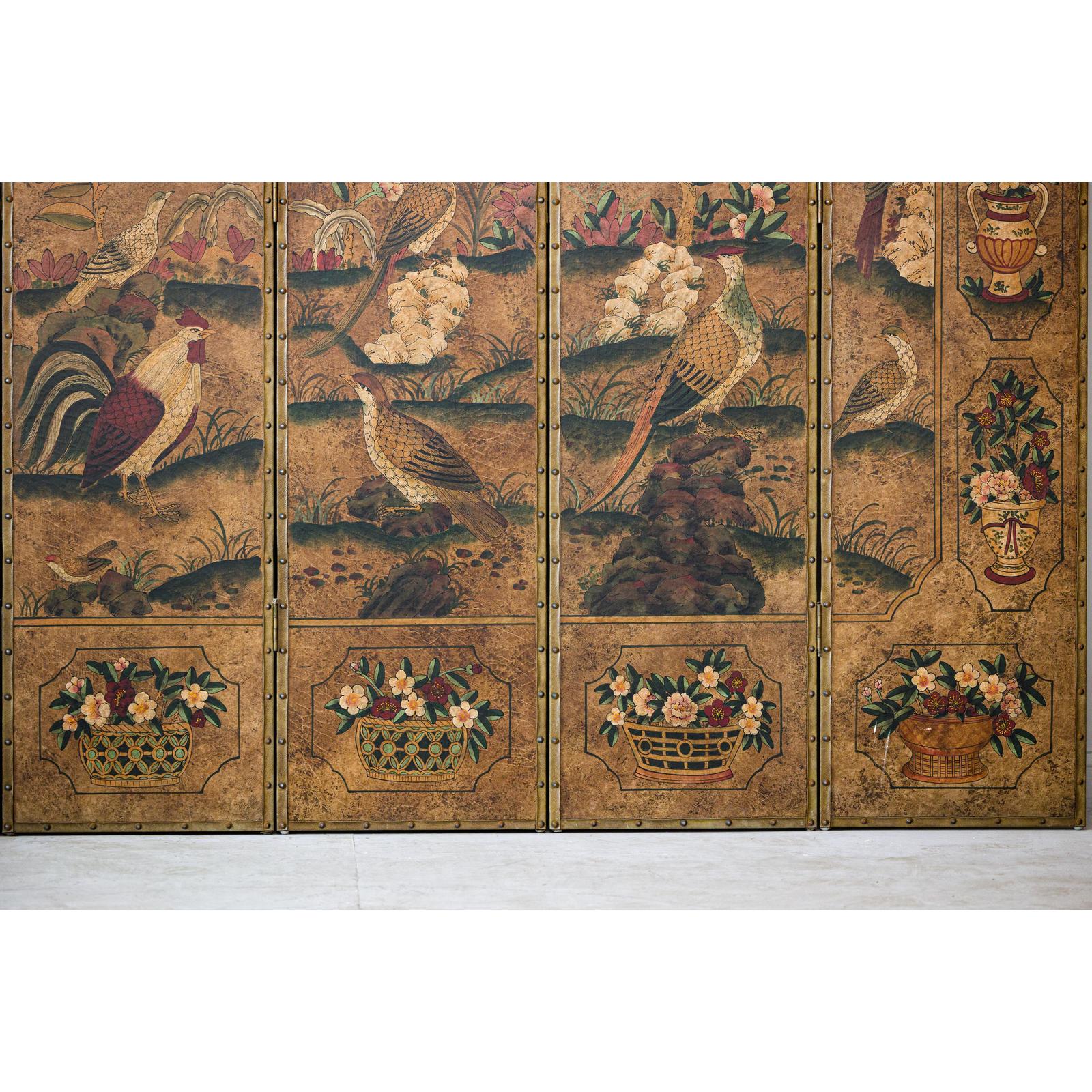 Six-Panel Leather Screen with Birds, Flowers, and Roosters - Vintage-13. Asian &amp; Chinese Furniture, Art, Antiques, Vintage Home Décor for sale at FEA Home