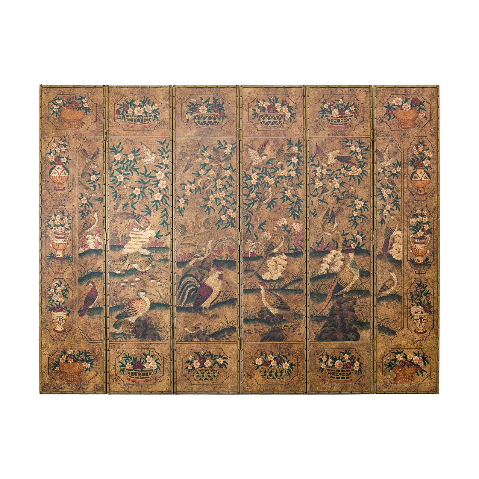 Six-Panel Leather Screen with Birds, Flowers, and Roosters - Vintage-14. Asian &amp; Chinese Furniture, Art, Antiques, Vintage Home Décor for sale at FEA Home