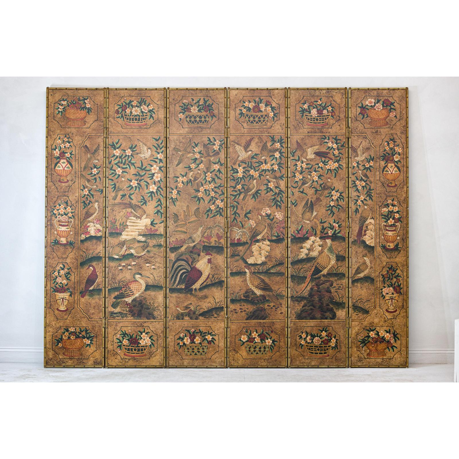 Six-Panel Leather Screen with Birds, Flowers, and Roosters - Vintage-15. Asian &amp; Chinese Furniture, Art, Antiques, Vintage Home Décor for sale at FEA Home