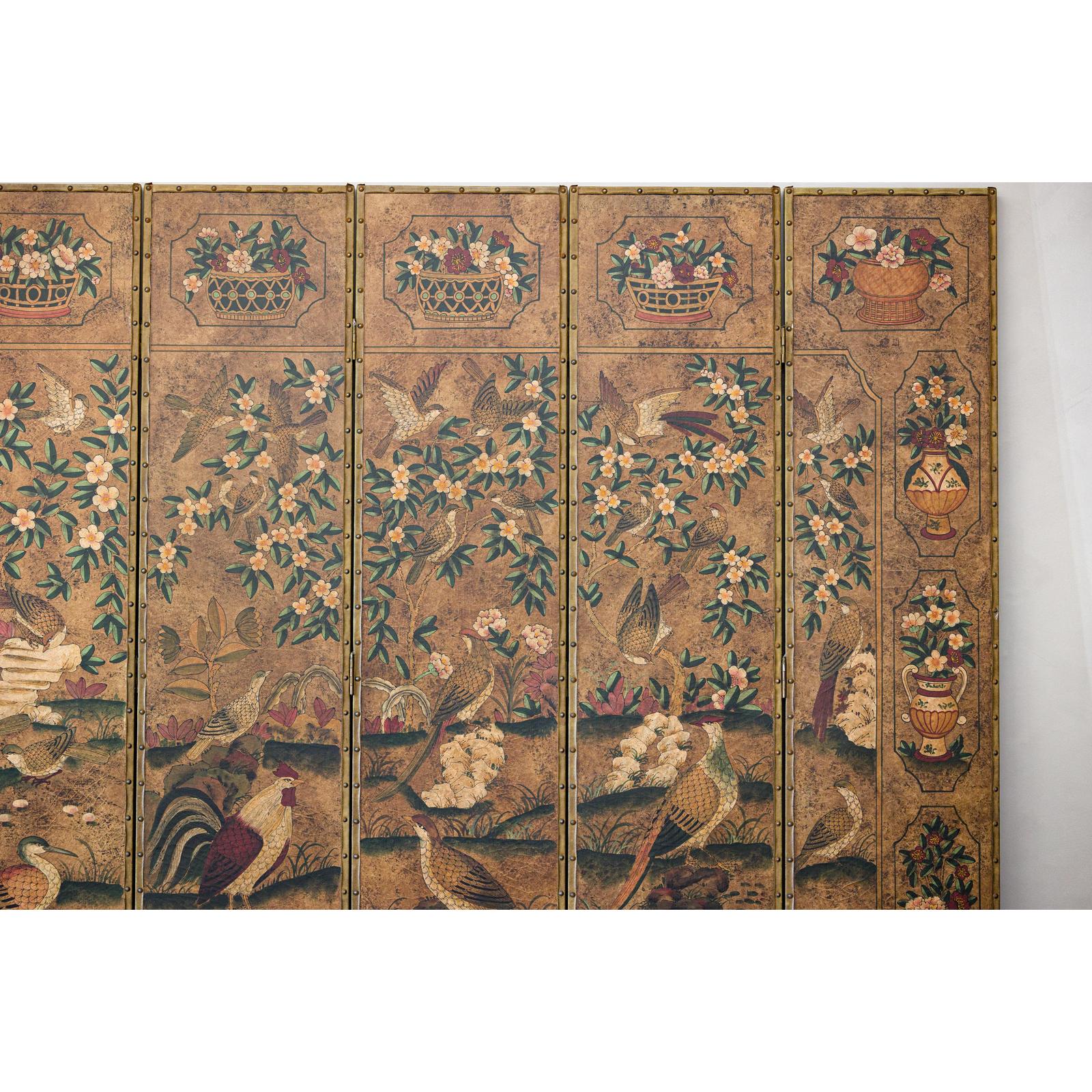 Six-Panel Leather Screen with Birds, Flowers, and Roosters - Vintage-16. Asian &amp; Chinese Furniture, Art, Antiques, Vintage Home Décor for sale at FEA Home