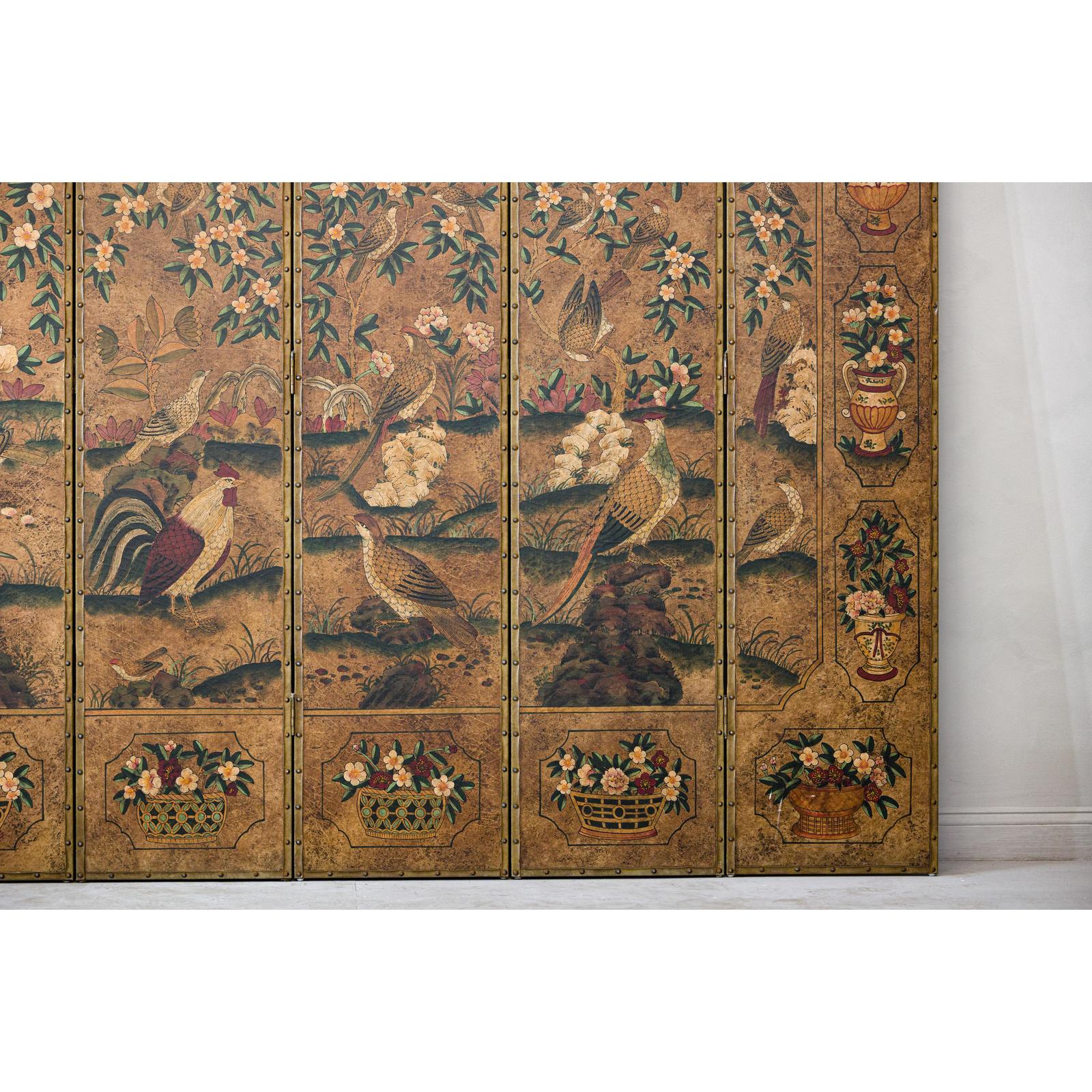 Six-Panel Leather Screen with Birds, Flowers, and Roosters - Vintage-18. Asian &amp; Chinese Furniture, Art, Antiques, Vintage Home Décor for sale at FEA Home