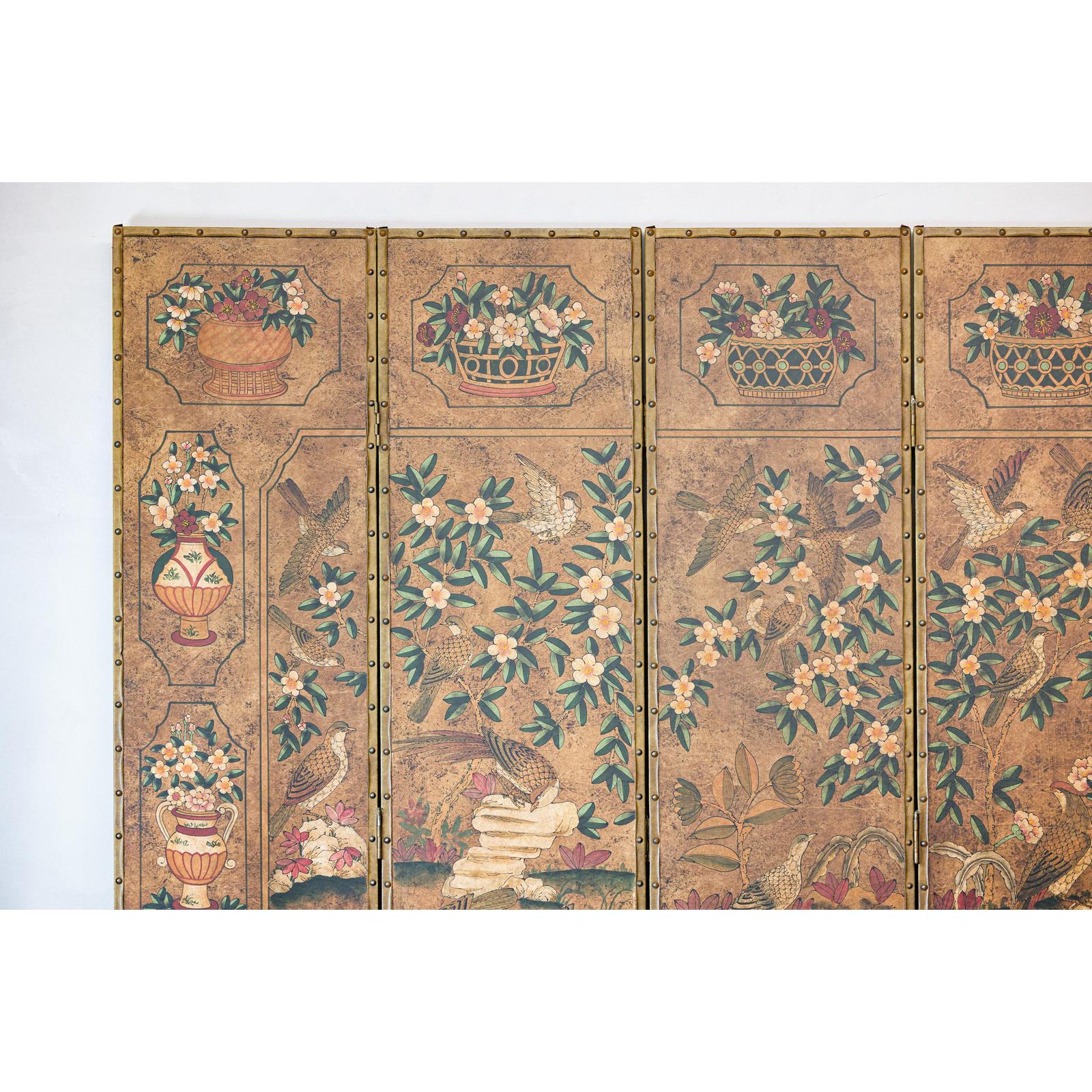 Six-Panel Leather Screen with Birds, Flowers, and Roosters - Vintage-2. Asian & Chinese Furniture, Art, Antiques, Vintage Home Décor for sale at FEA Home