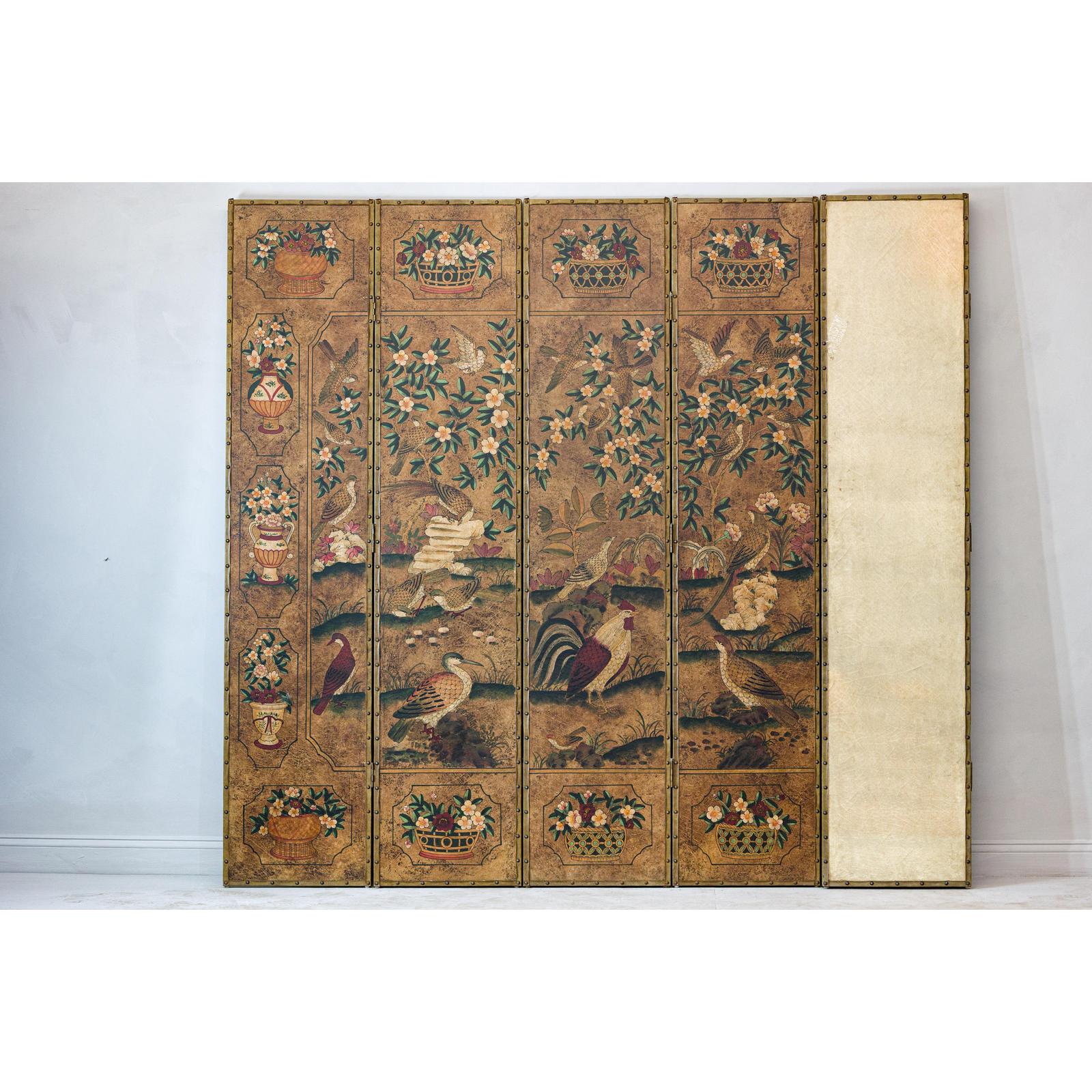Six-Panel Leather Screen with Birds, Flowers, and Roosters - Vintage-20. Asian &amp; Chinese Furniture, Art, Antiques, Vintage Home Décor for sale at FEA Home