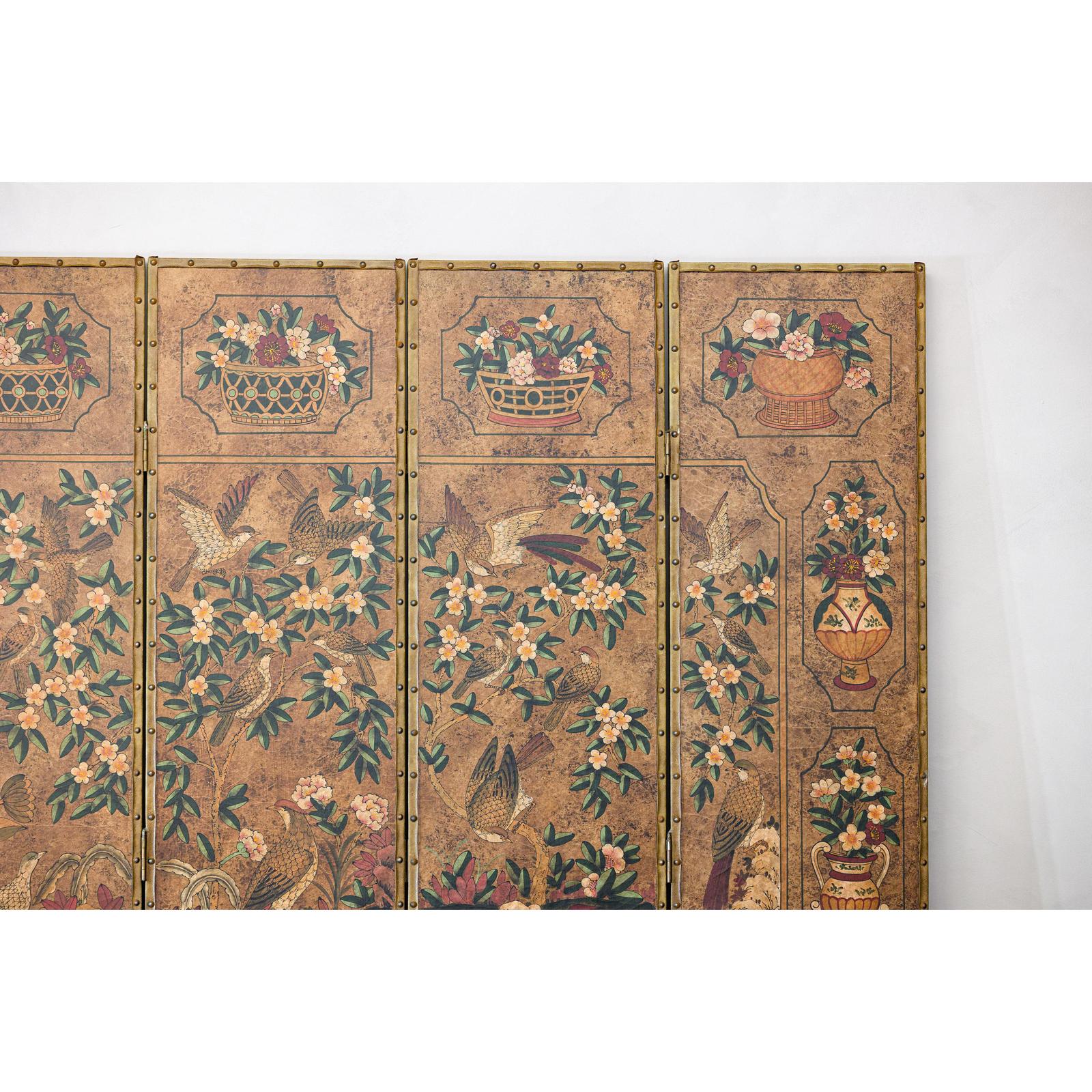 Six-Panel Leather Screen with Birds, Flowers, and Roosters - Vintage-3. Asian &amp; Chinese Furniture, Art, Antiques, Vintage Home Décor for sale at FEA Home