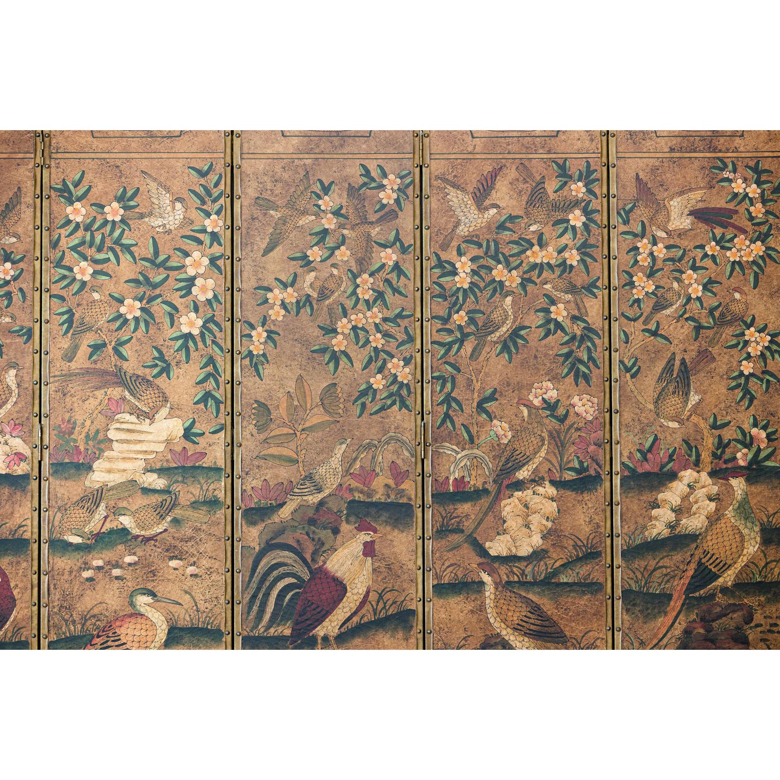 Six-Panel Leather Screen with Birds, Flowers, and Roosters - Vintage-4. Asian &amp; Chinese Furniture, Art, Antiques, Vintage Home Décor for sale at FEA Home