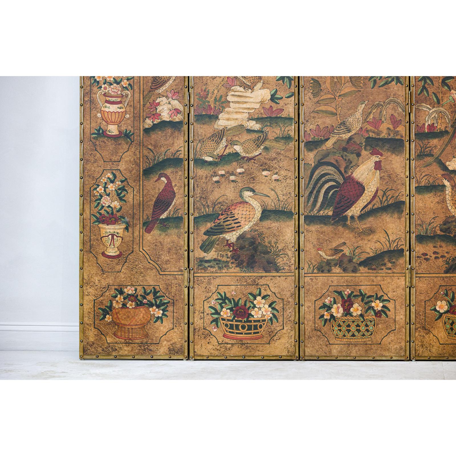 Six-Panel Leather Screen with Birds, Flowers, and Roosters - Vintage-5. Asian &amp; Chinese Furniture, Art, Antiques, Vintage Home Décor for sale at FEA Home