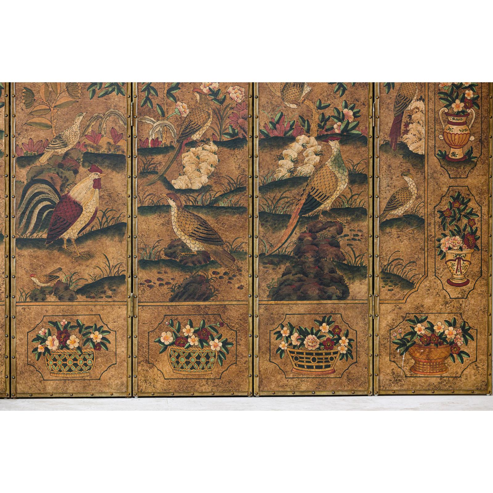 Six-Panel Leather Screen with Birds, Flowers, and Roosters - Vintage-6. Asian &amp; Chinese Furniture, Art, Antiques, Vintage Home Décor for sale at FEA Home