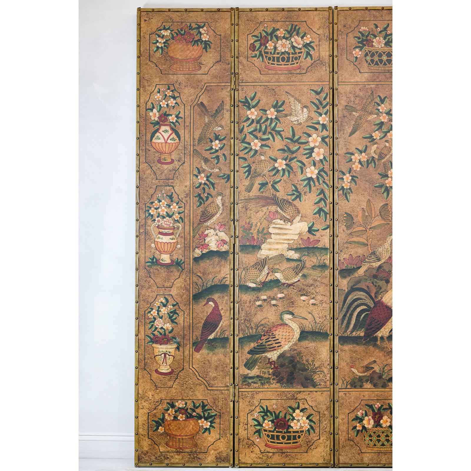 Six-Panel Leather Screen with Birds, Flowers, and Roosters - Vintage-7. Asian &amp; Chinese Furniture, Art, Antiques, Vintage Home Décor for sale at FEA Home