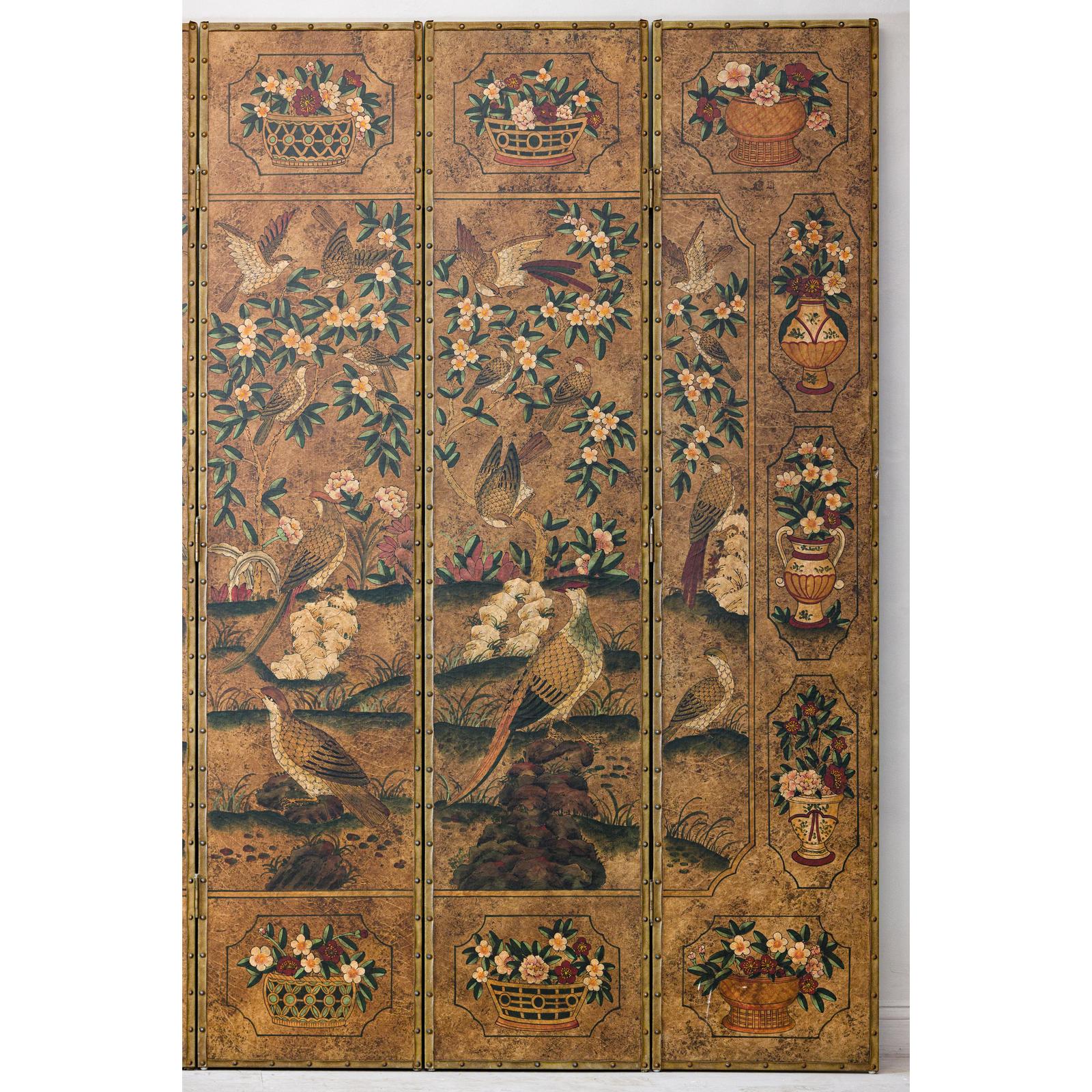 Six-Panel Leather Screen with Birds, Flowers, and Roosters - Vintage-9. Asian &amp; Chinese Furniture, Art, Antiques, Vintage Home Décor for sale at FEA Home