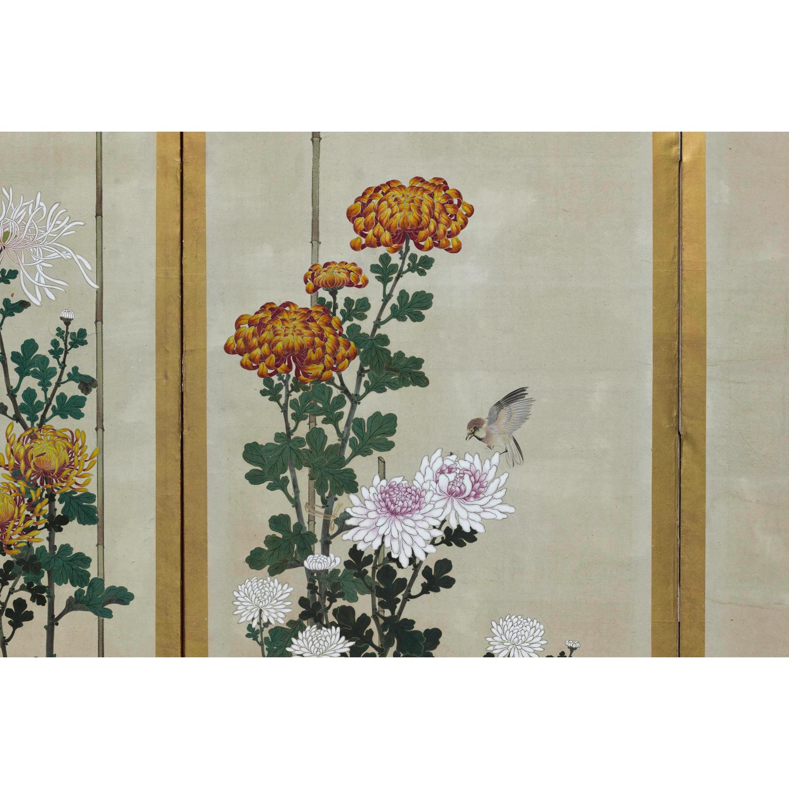 Six-Panel Screen with Chrysanthemums and Birds, Taishō Period (1920s)-10. Asian &amp; Chinese Furniture, Art, Antiques, Vintage Home Décor for sale at FEA Home