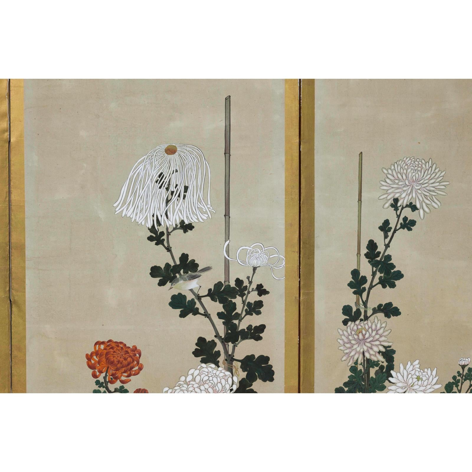 Six-Panel Screen with Chrysanthemums and Birds, Taishō Period (1920s)-11. Asian &amp; Chinese Furniture, Art, Antiques, Vintage Home Décor for sale at FEA Home