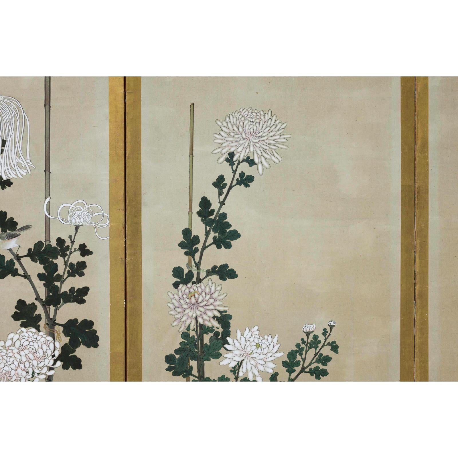 Six-Panel Screen with Chrysanthemums and Birds, Taishō Period (1920s)-12. Asian &amp; Chinese Furniture, Art, Antiques, Vintage Home Décor for sale at FEA Home